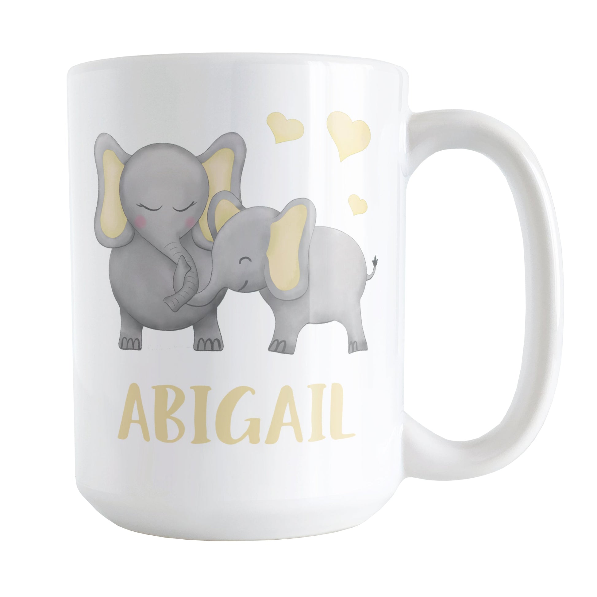 Personalized Watercolor Yellow Mommy and Baby Elephants Mug (15oz) at Amy's Coffee Mugs