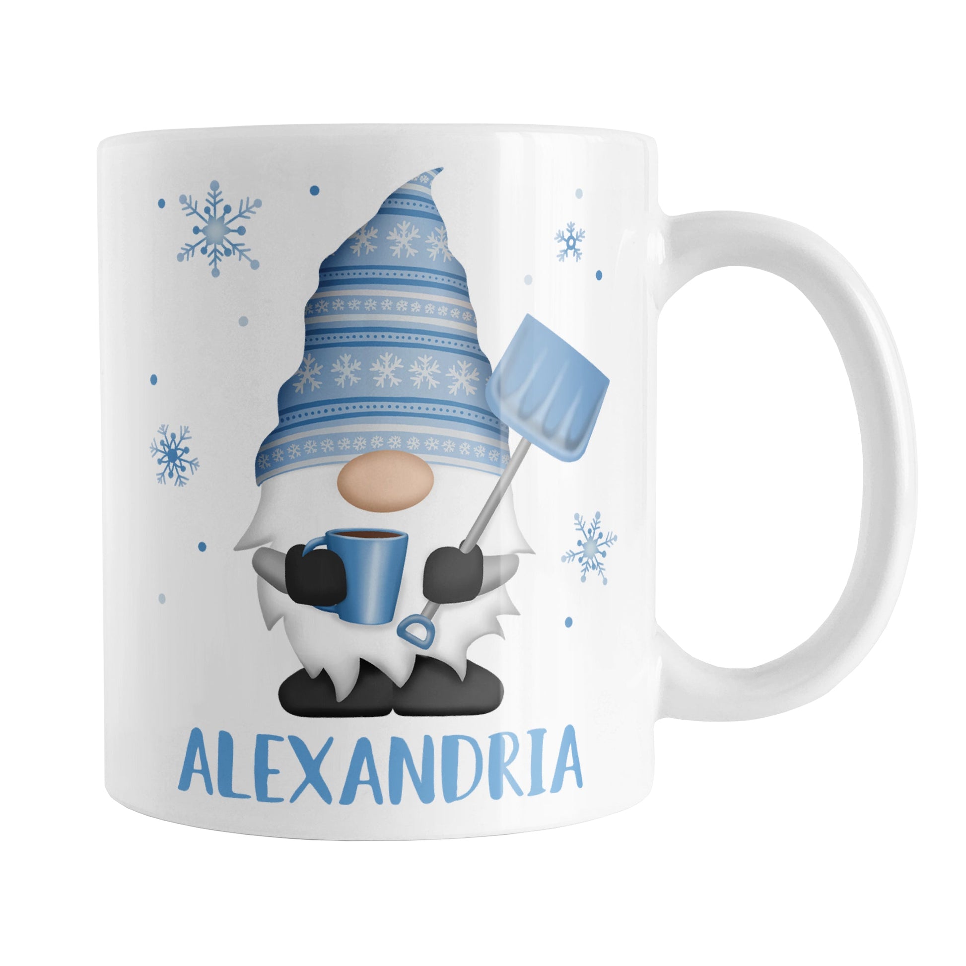 Personalized Winter Snowflake Gnome Mug (11oz) at Amy's Coffee Mugs. A ceramic coffee mug designed with a gnome on both sides of the mug wearing a festive blue snowflake hat and holding a hot beverage and a snow shovel, with snowflakes around it. Your name is custom printed in blue below the gnome.