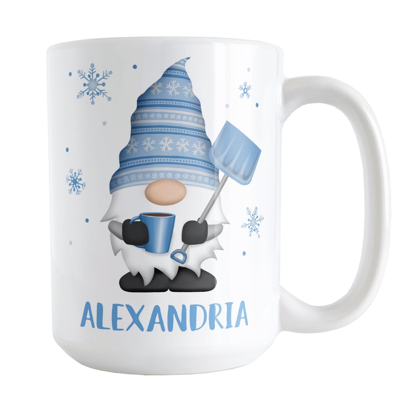 Personalized Winter Snowflake Gnome Mug (15oz) at Amy's Coffee Mugs. A ceramic coffee mug designed with a gnome on both sides of the mug wearing a festive blue snowflake hat and holding a hot beverage and a snow shovel, with snowflakes around it. Your name is custom printed in blue below the gnome.