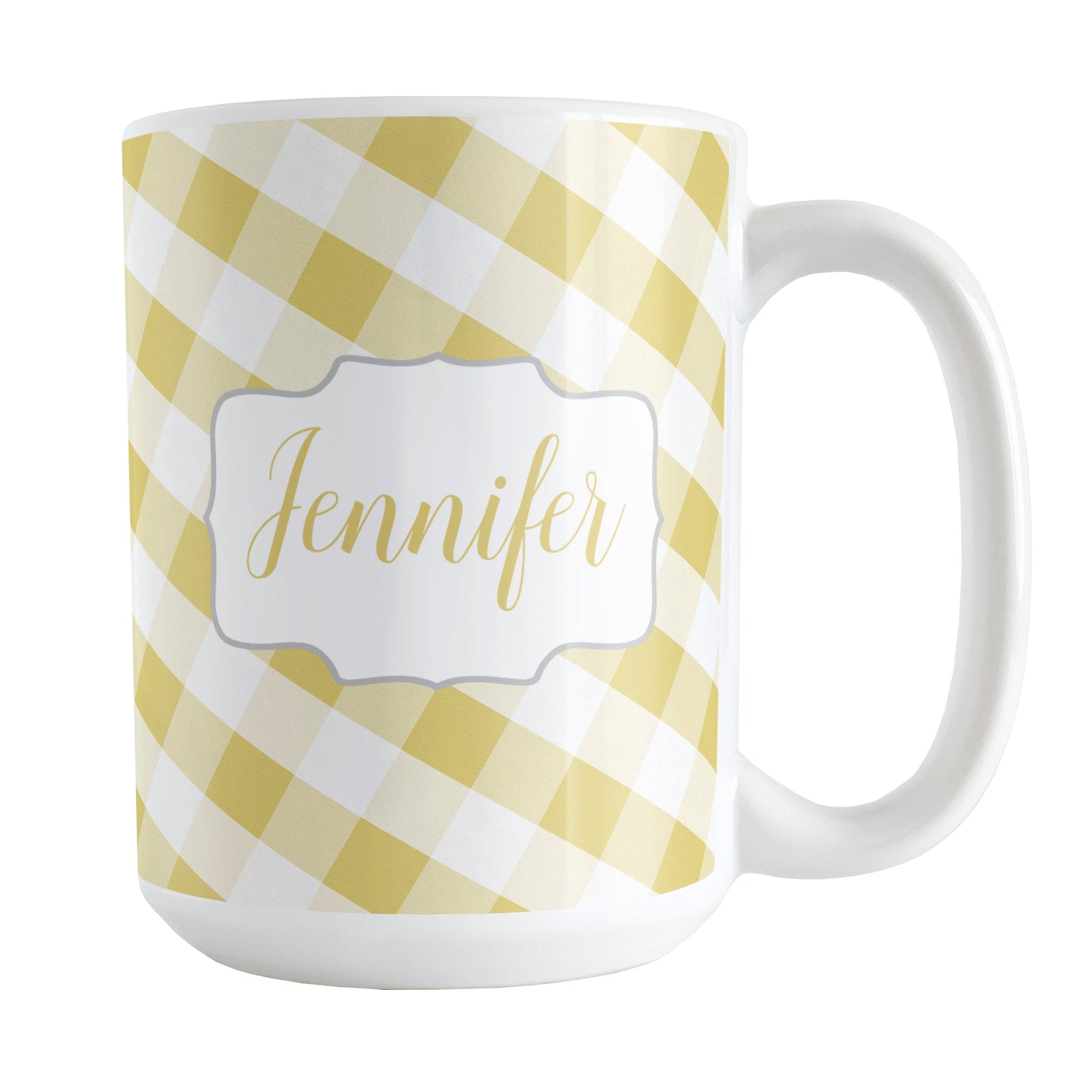 Personalized Yellow Gingham Mug (15oz) at Amy's Coffee Mugs. A ceramic coffee mug designed with a slanted yellow and white gingham pattern that wraps around the mug up to the handle. Your personalized name is custom-printed in a yellow script font on both sides of the mug over the gingham pattern.