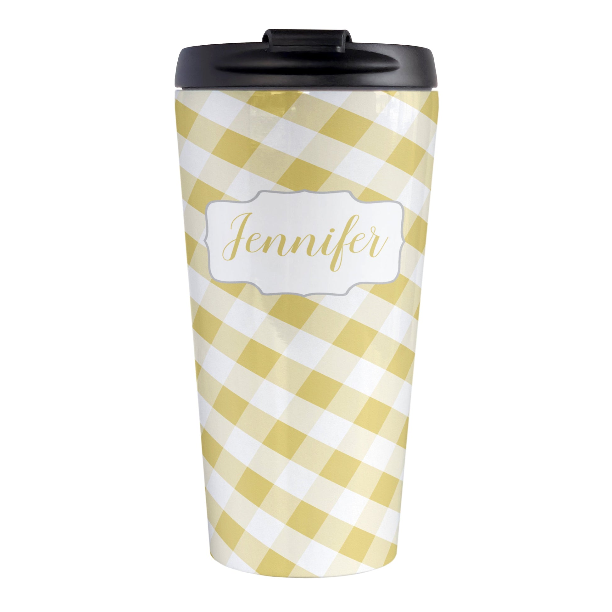 Personalized Yellow Gingham Travel Mug (15oz, stainless steel insulated) at Amy's Coffee Mugs