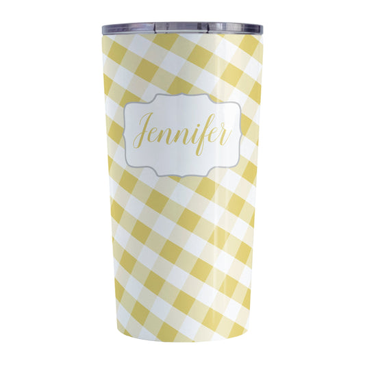 Personalized Yellow Gingham Tumbler Cup (20oz, stainless steel insulated) at Amy's Coffee Mugs