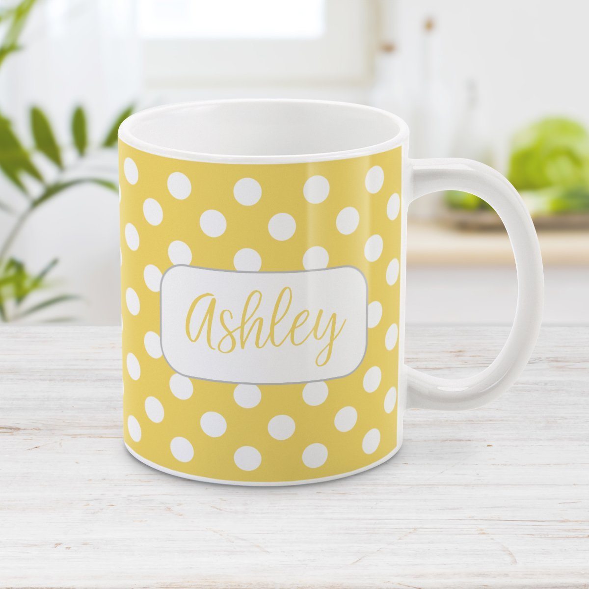 Personalized Yellow Polka Dot Mug at Amy's Coffee Mugs