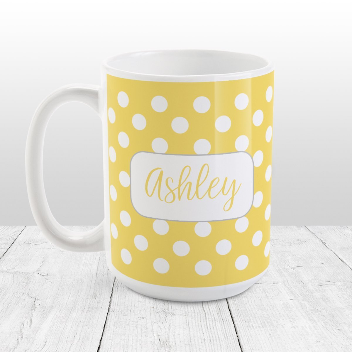 Personalized Yellow Polka Dot Mug at Amy's Coffee Mugs