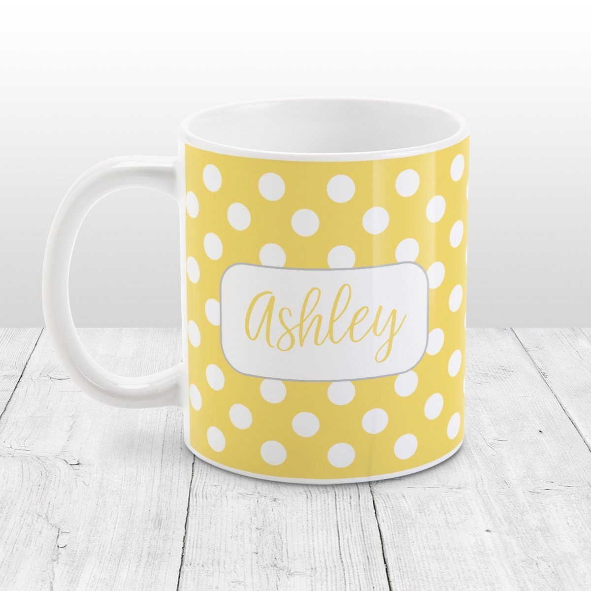 Personalized Yellow Polka Dot Mug at Amy's Coffee Mugs