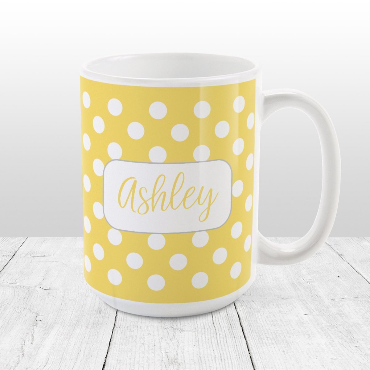Personalized Yellow Polka Dot Mug at Amy's Coffee Mugs