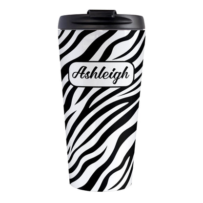 Personalized Zebra Print Pattern Travel Mug (15oz, stainless steel insulated) at Amy's Coffee Mugs