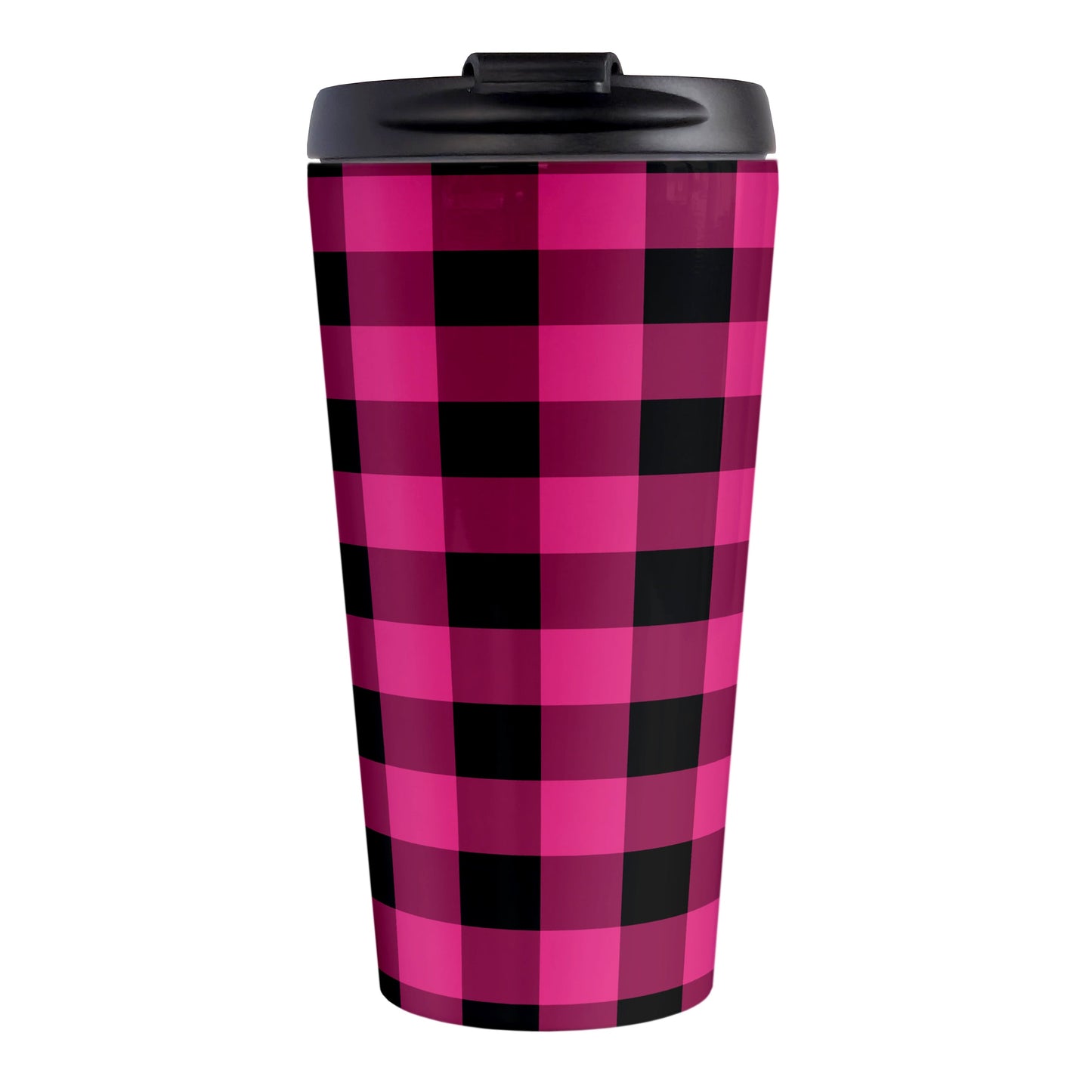Pink and Black Buffalo Plaid Travel Mug (15oz, stainless steel insulated) at Amy's Coffee Mugs