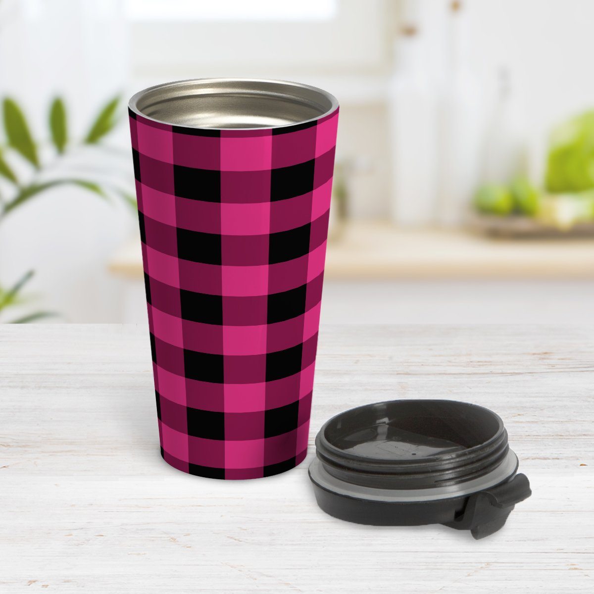Pink and Black Buffalo Plaid Travel Mug at Amy's Coffee Mugs