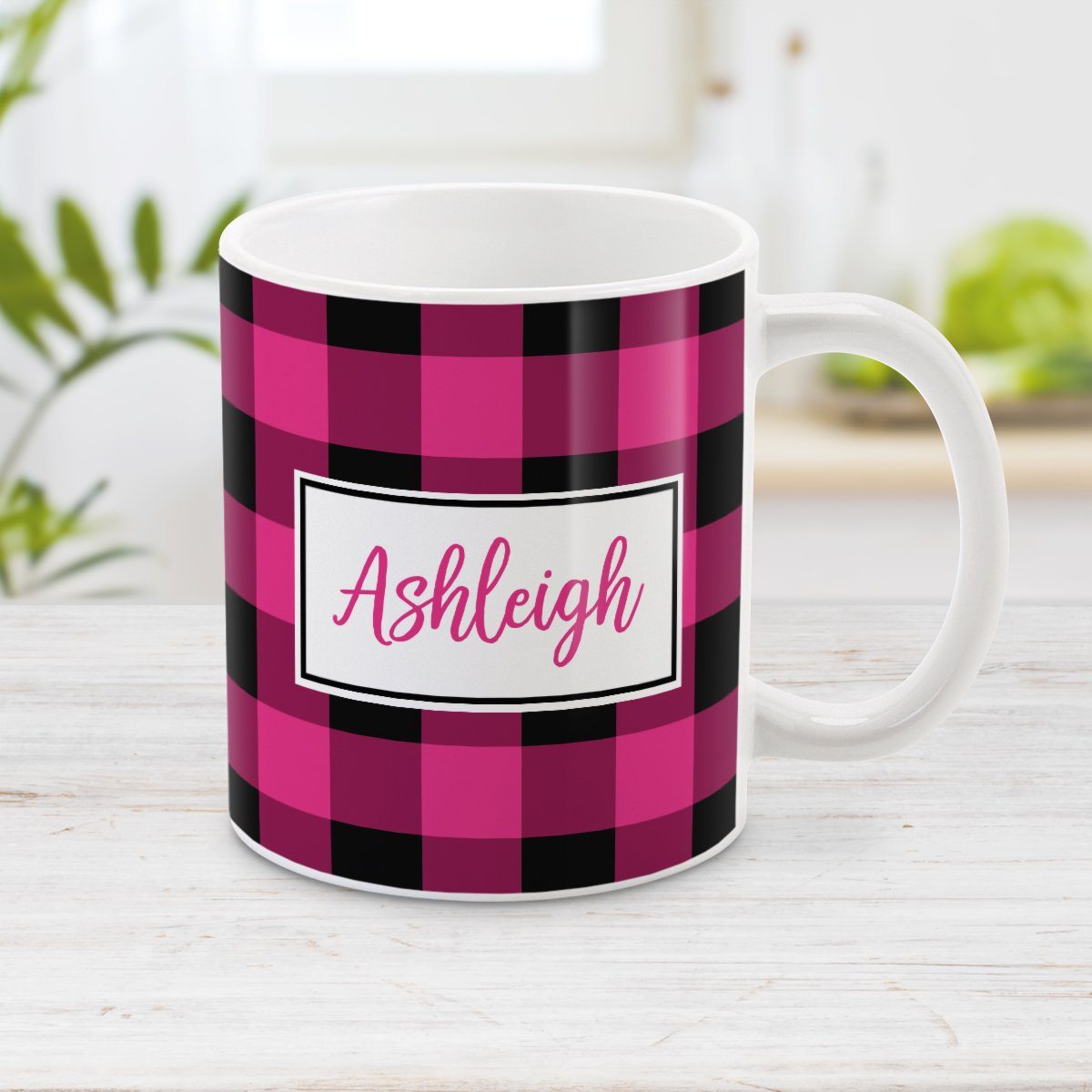 Pink and Black Personalized Name Buffalo Plaid Mug at Amy's Coffee Mugs