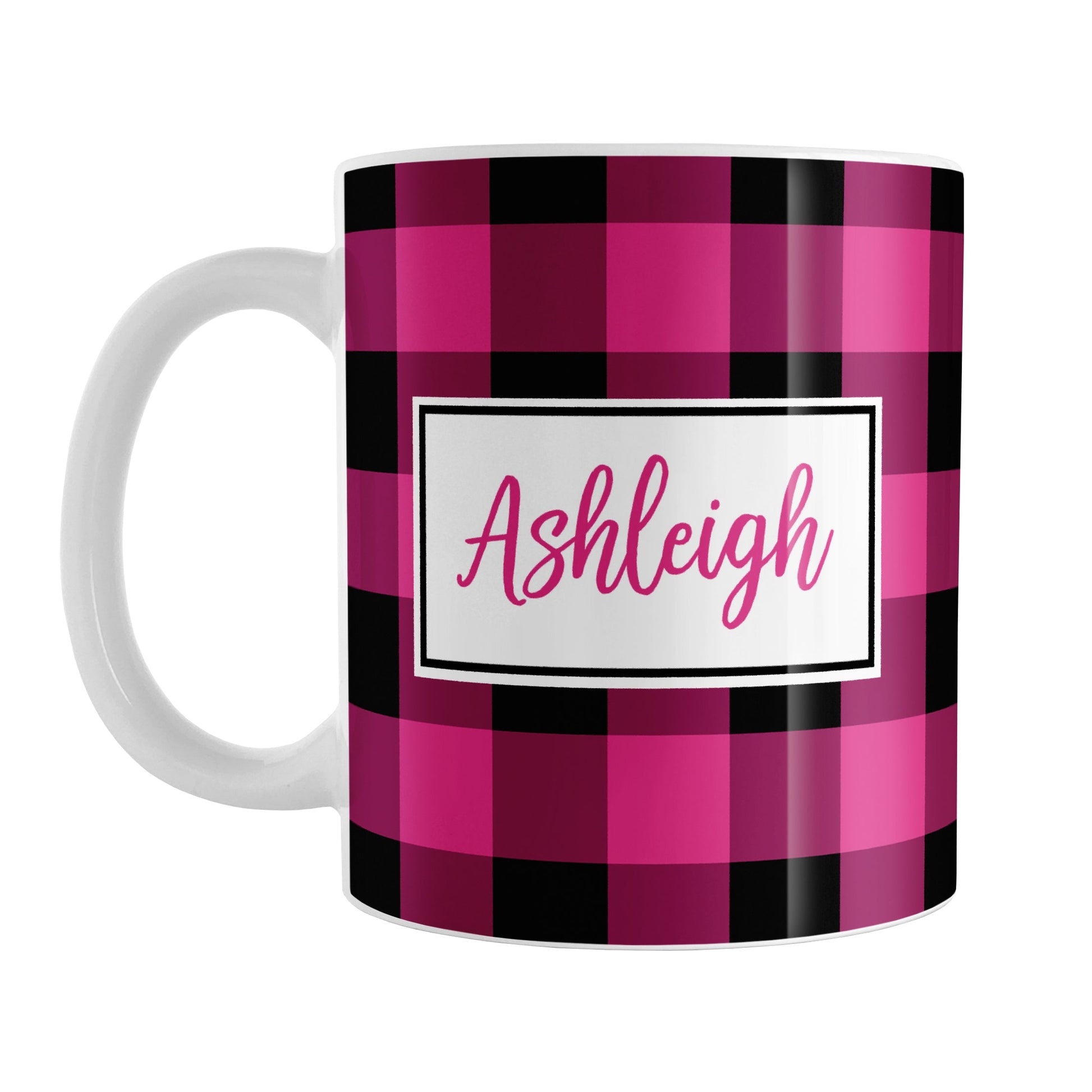 Pink and Black Personalized Name Buffalo Plaid Mug (11oz) at Amy's Coffee Mugs