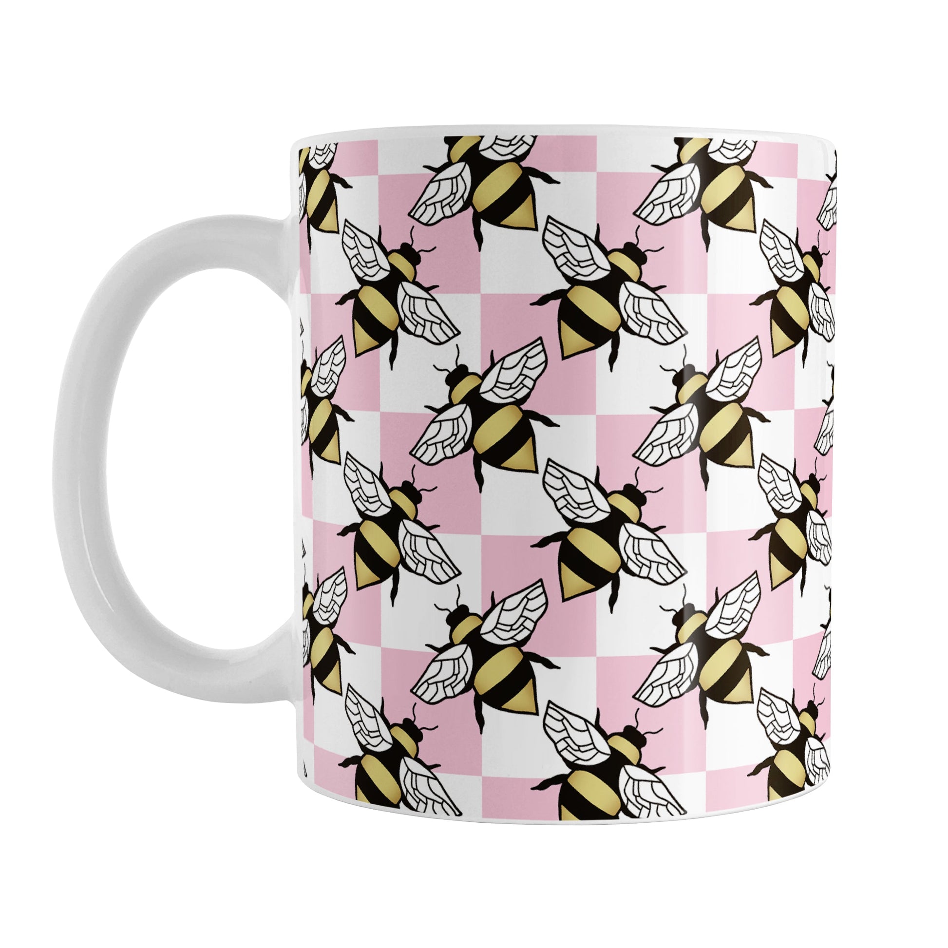 Pink Checkered Bee Mug (11oz) at Amy's Coffee Mugs