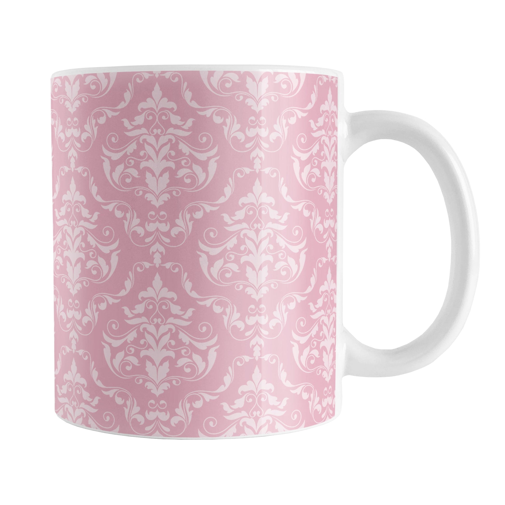 Pink Damask Pattern Mug (11oz) at Amy's Coffee Mugs. A ceramic coffee mug designed with a pink and light pink damask pattern that wraps around the mug up to the handle.