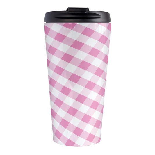 Pink Gingham Travel Mug (15oz, stainless steel insulated) at Amy's Coffee Mugs