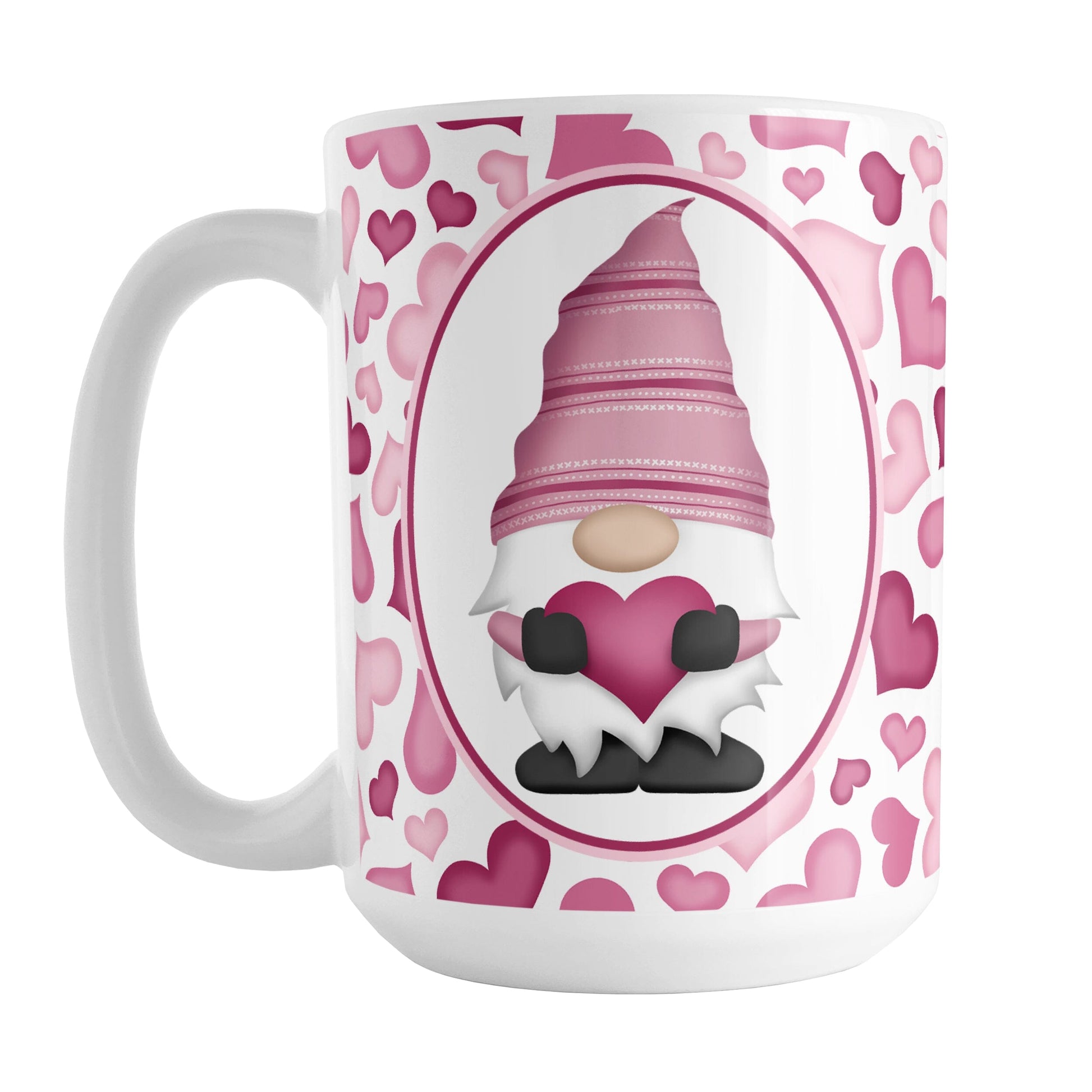 Pink Gnome Hearts Mug (15oz) at Amy's Coffee Mugs. A ceramic coffee mug designed with an adorable pink gnome in a white oval on both sides of the mug over a pattern of cute hearts in different shades of pink that wrap around the mug to the handle.