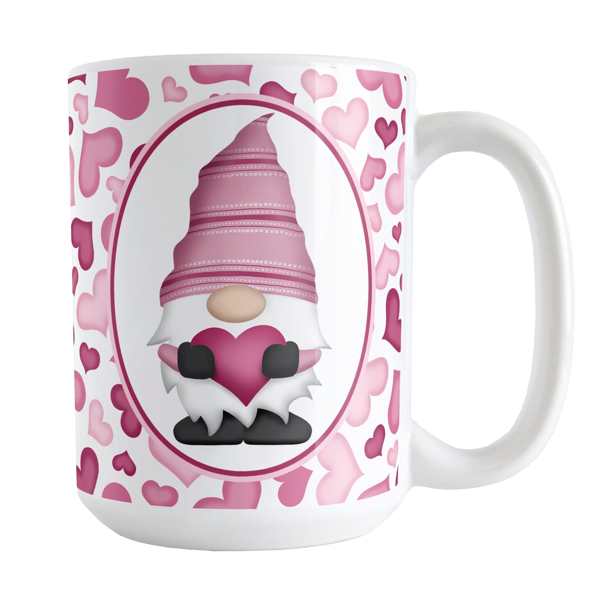 Pink Gnome Hearts Mug (15oz) at Amy's Coffee Mugs. A ceramic coffee mug designed with an adorable pink gnome in a white oval on both sides of the mug over a pattern of cute hearts in different shades of pink that wrap around the mug to the handle.