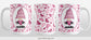 Pink Gnome Hearts Mug (15oz) at Amy's Coffee Mugs. A ceramic coffee mug designed with an adorable pink gnome in a white oval on both sides of the mug over a pattern of cute hearts in different shades of pink that wrap around the mug to the handle. The photo shows 3 sides of the mug design.