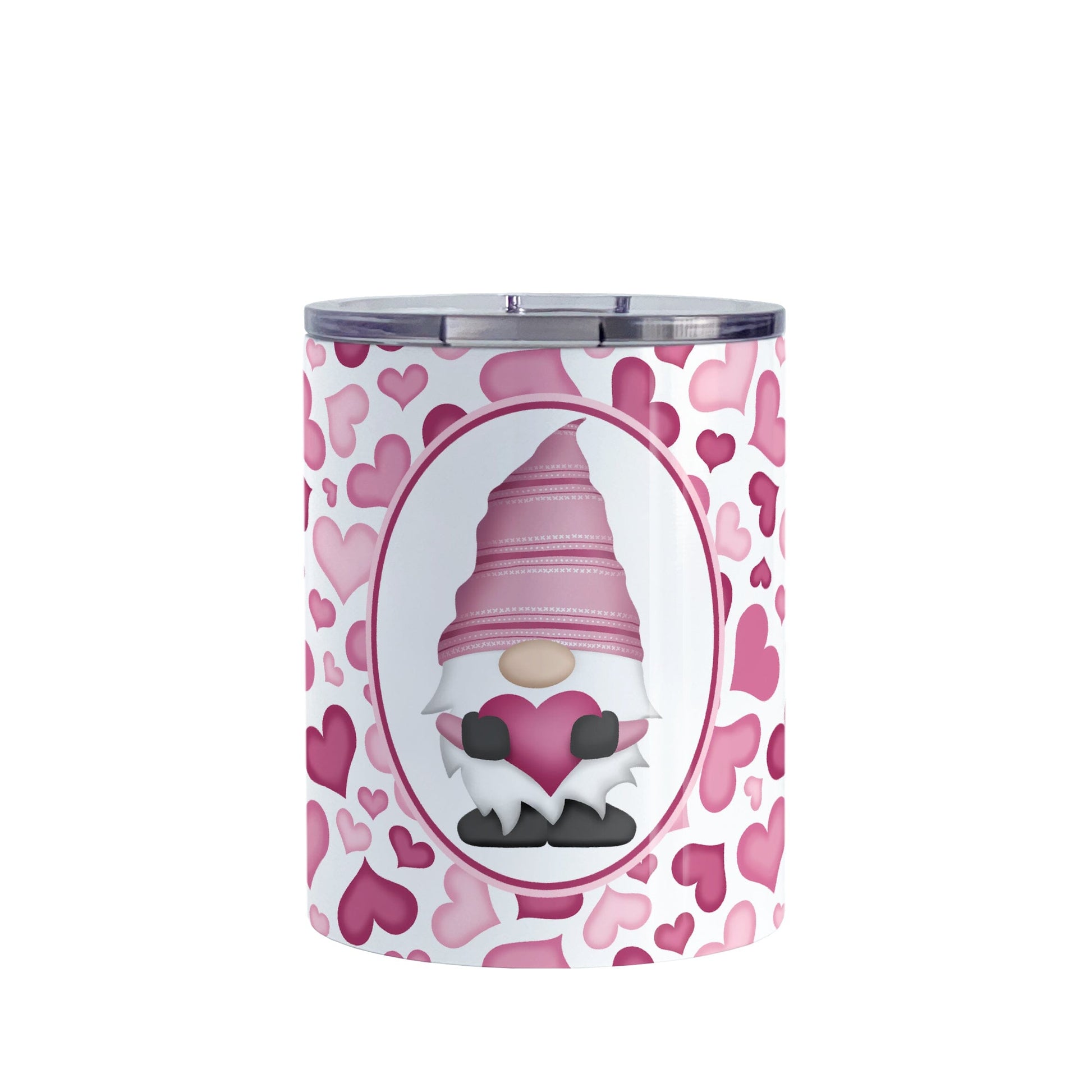 Pink Gnome Hearts Tumbler Cup (10oz) at Amy's Coffee Mugs. A stainless steel tumbler cup designed with an adorable pink gnome holding a heart in a white oval over a pattern of cute hearts in different shades of pink that wrap around the cup.