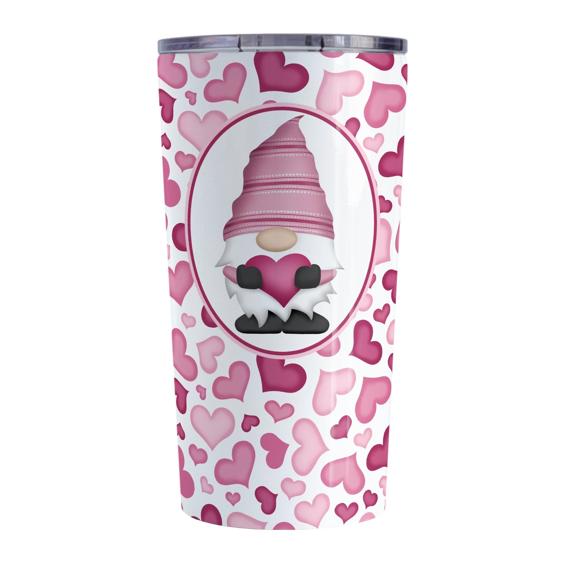 Pink Gnome Hearts Tumbler Cup (20oz) at Amy's Coffee Mugs. A stainless steel tumbler cup designed with an adorable pink gnome holding a heart in a white oval over a pattern of cute hearts in different shades of pink that wrap around the cup.