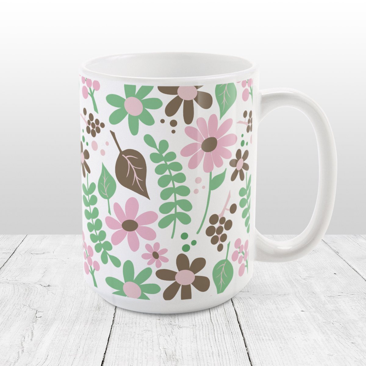 Pink Green Brown Floral Pattern Mug (15oz) at Amy's Coffee Mugs