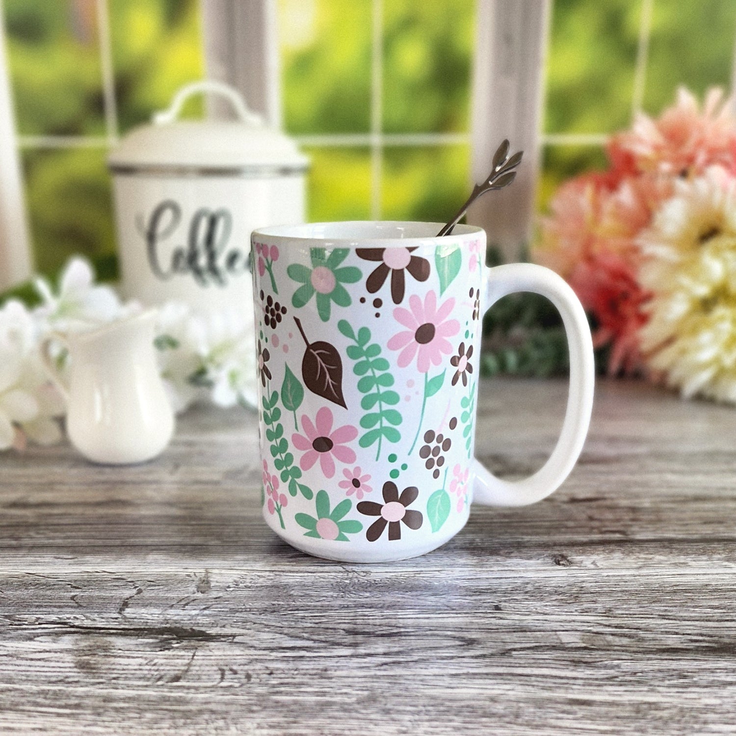 Pink Green Brown Floral Pattern Mug (15oz, in rustic kitchen scene) at Amy's Coffee Mugs