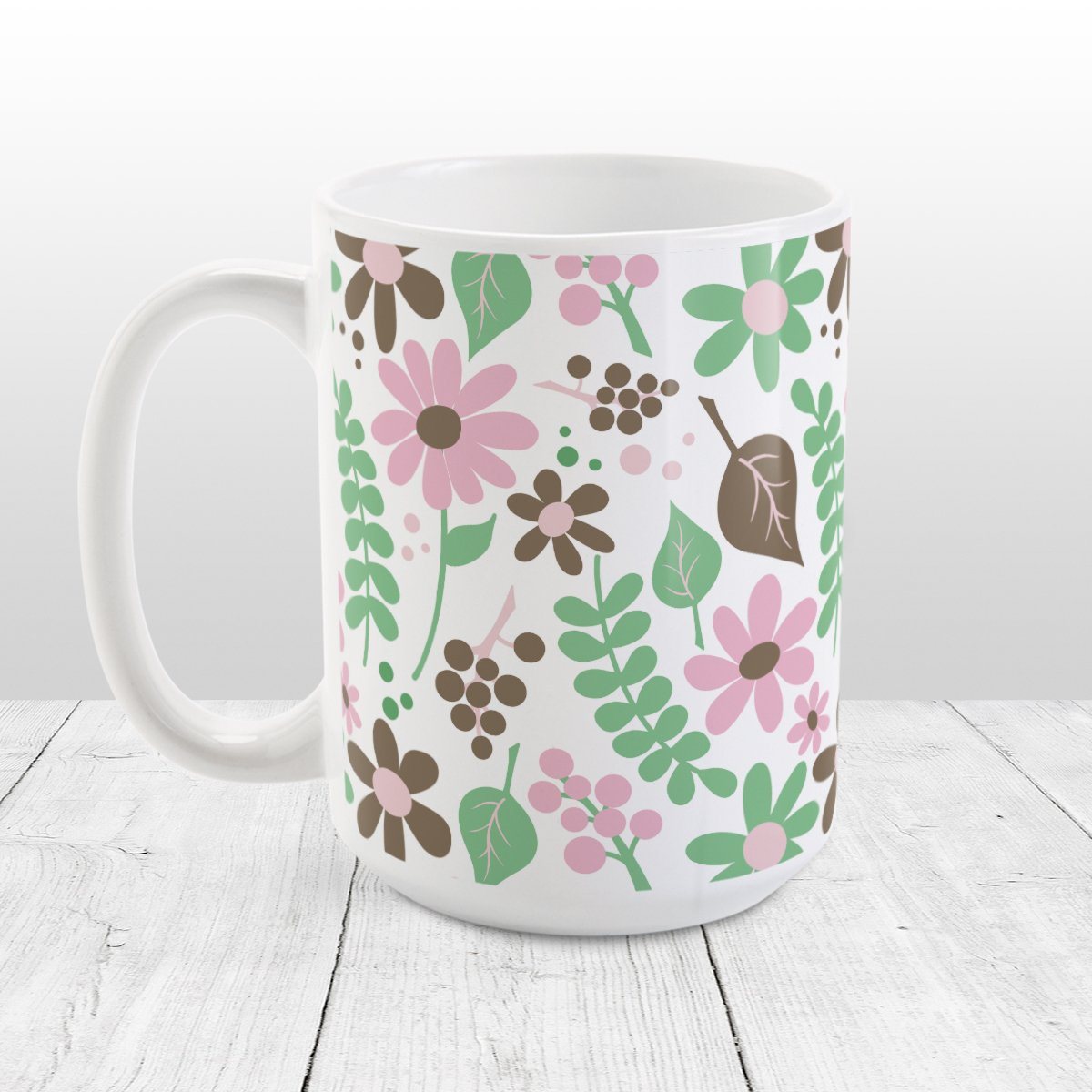 Pink Green Brown Floral Pattern Mug (15oz) at Amy's Coffee Mugs