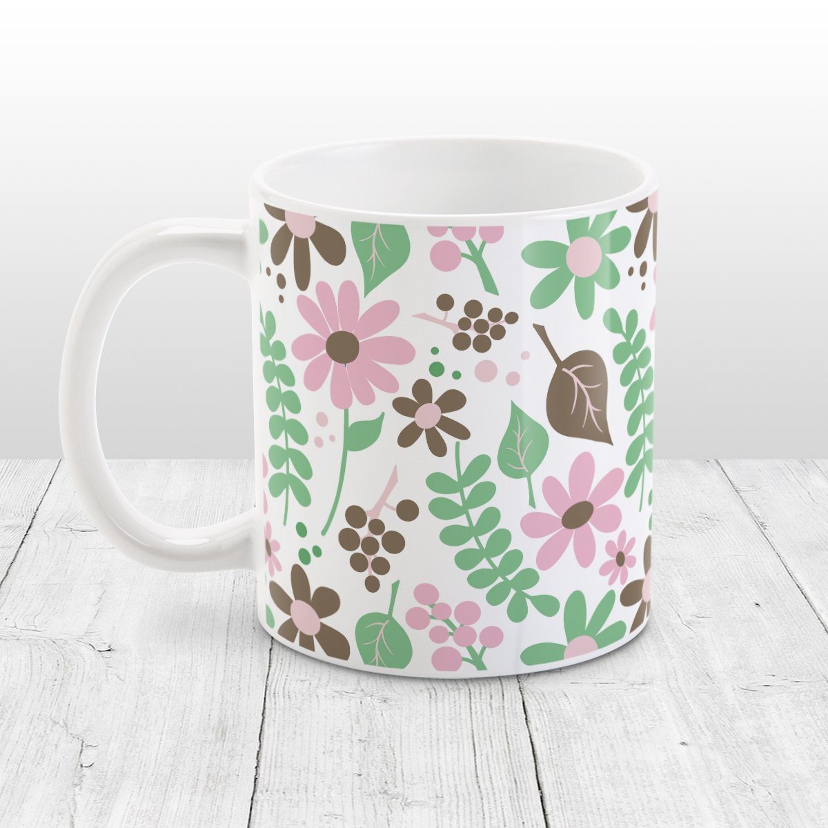 Pink Green Brown Floral Pattern Mug (11oz) at Amy's Coffee Mugs