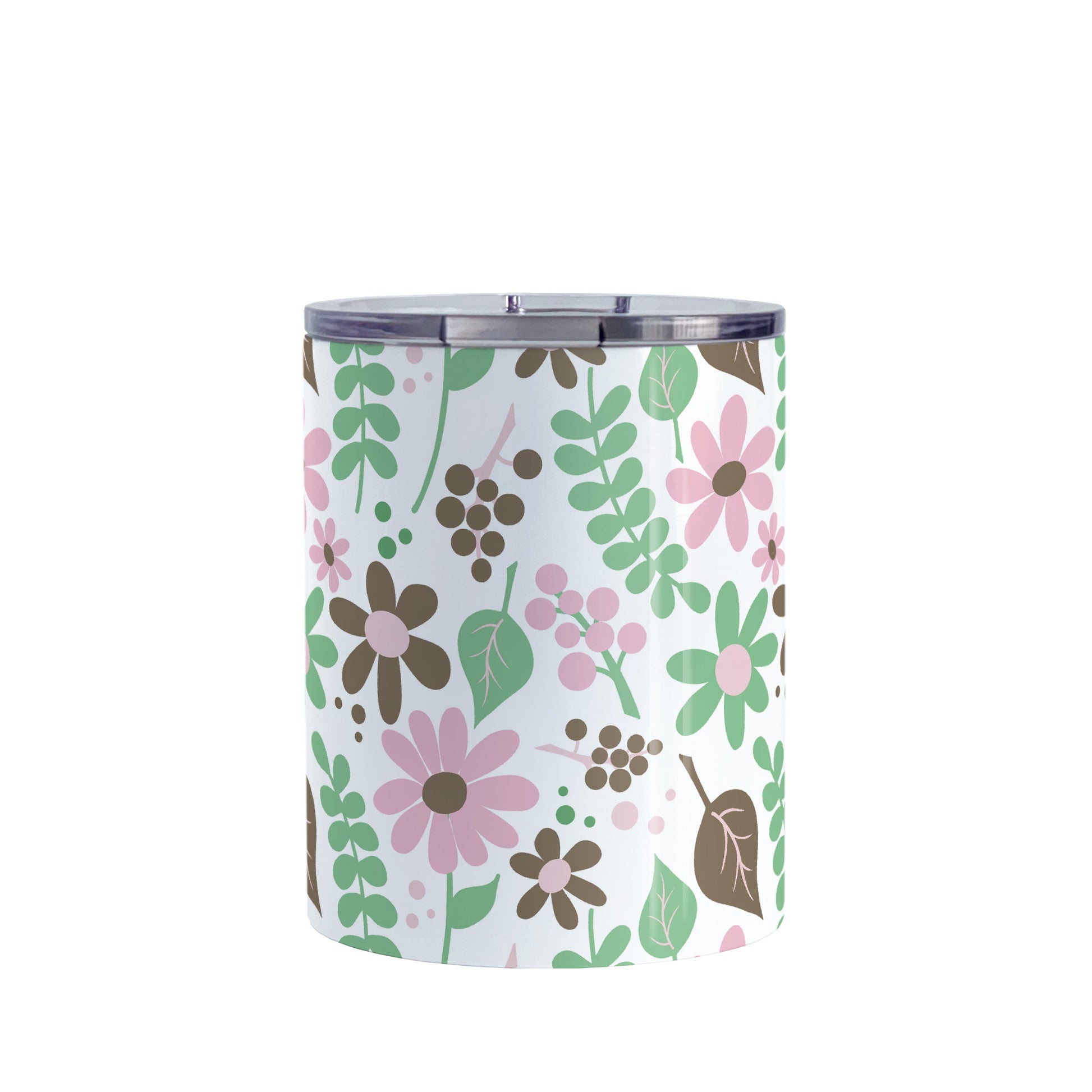 Pink Green Brown Floral Pattern Tumbler Cup (10oz, stainless steel insulated) at Amy's Coffee Mugs. A tumbler cup designed with flowers and leaves in pink, green, and brown in a pretty floral pattern that wraps around the cup.