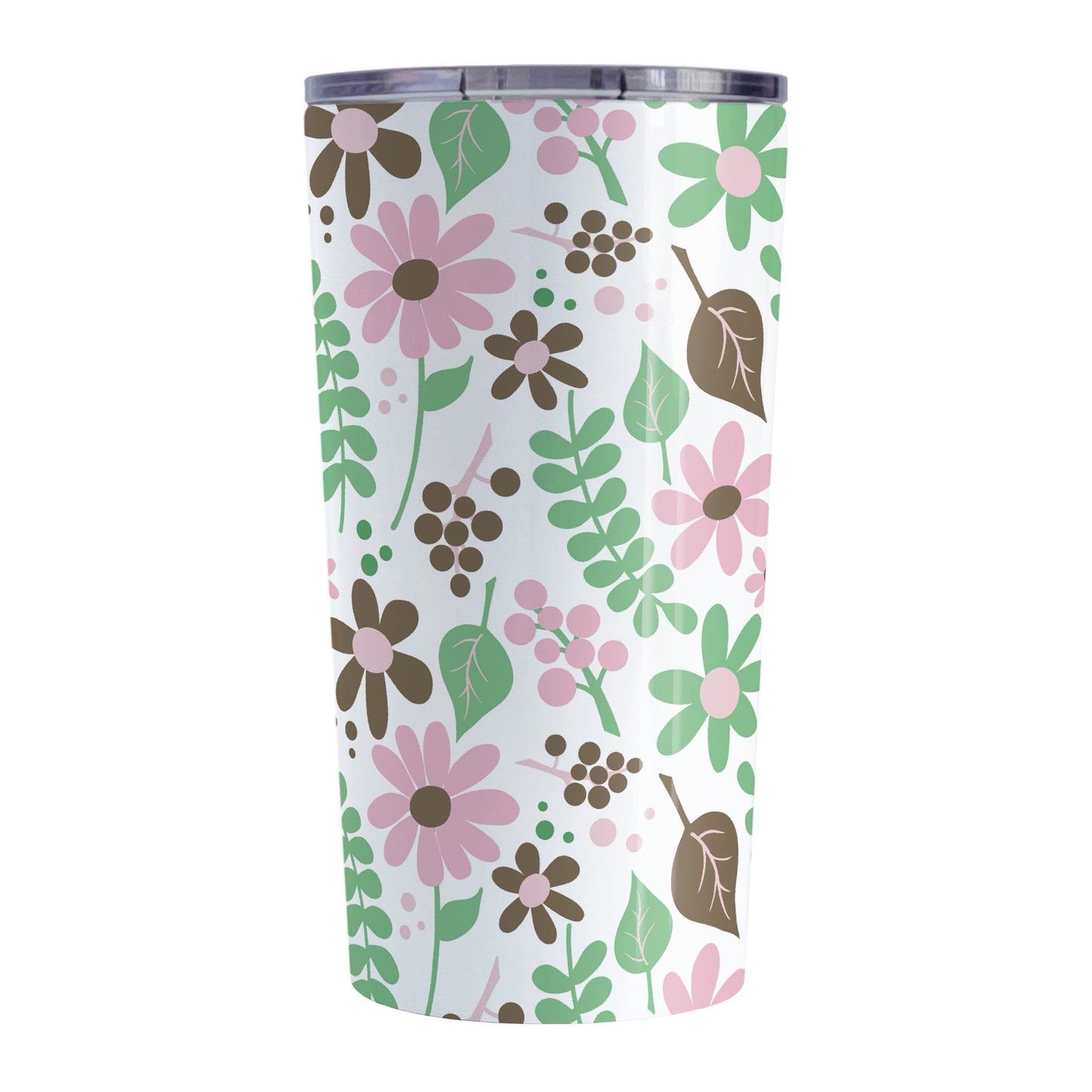 Pink Green Brown Floral Pattern Tumbler Cup (20oz, stainless steel insulated) at Amy's Coffee Mugs. A tumbler cup designed with flowers and leaves in pink, green, and brown in a pretty floral pattern that wraps around the cup.