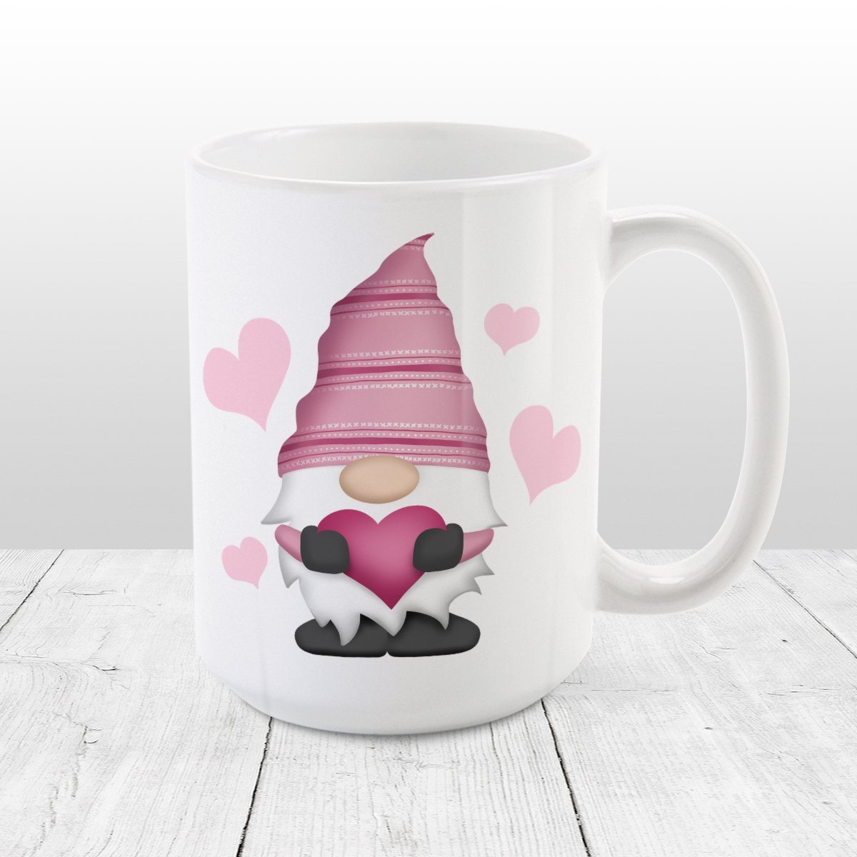 Pink Heart Gnome Mug at Amy's Coffee Mugs