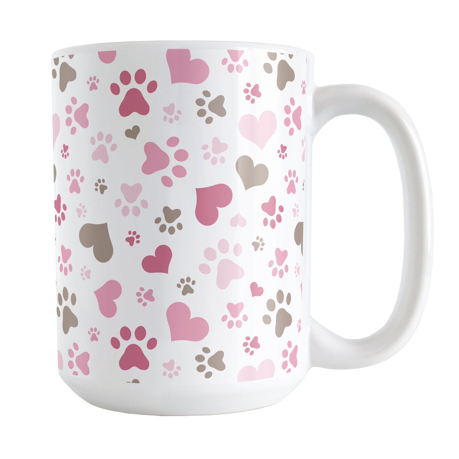 Pink Hearts and Paw Prints Mug (15oz) at Amy's Coffee Mugs. A ceramic coffee mug designed with a pattern of hearts and paw prints in brown and different shades of pink that wraps around the mug to the handle. This mug is perfect for people love dogs and cute paw print designs.