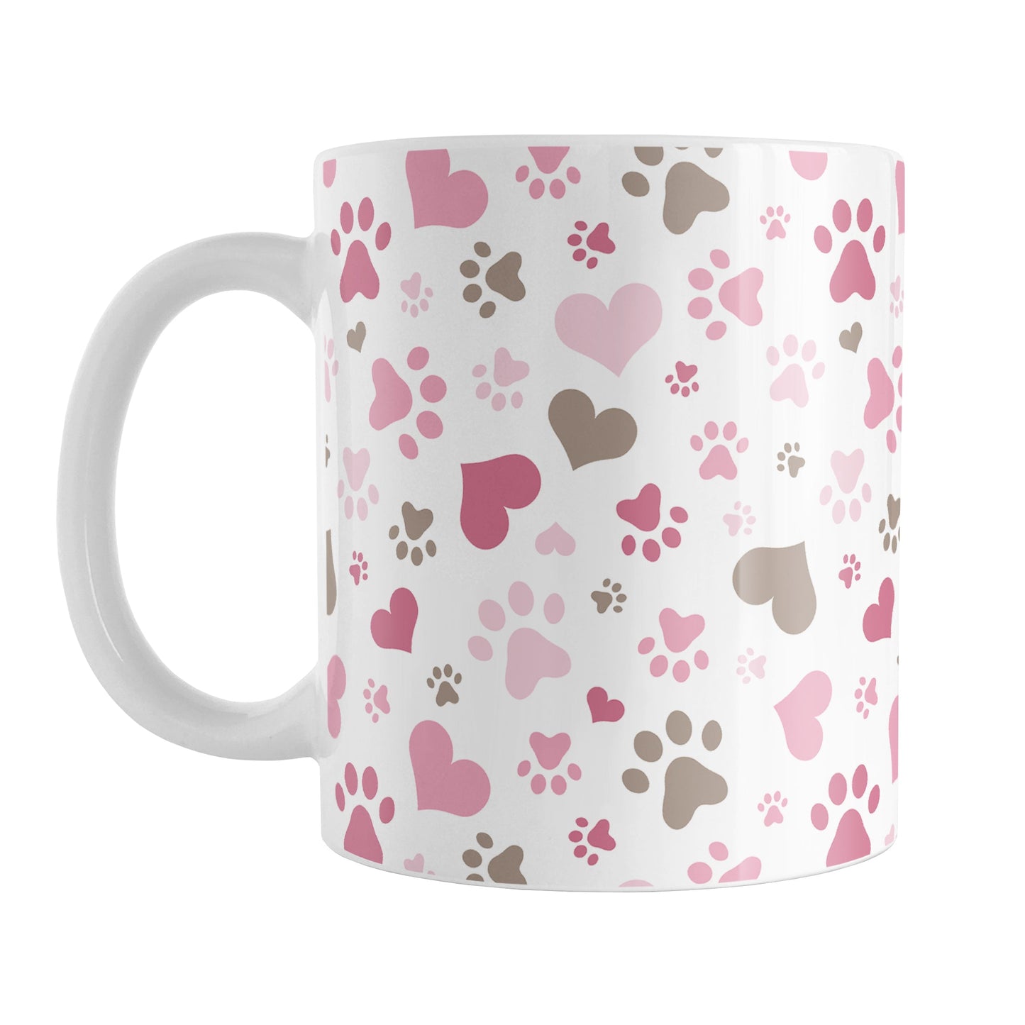 Pink Hearts and Paw Prints Mug (11oz) at Amy's Coffee Mugs. A ceramic coffee mug designed with a pattern of hearts and paw prints in brown and different shades of pink that wraps around the mug to the handle. This mug is perfect for people love dogs and cute paw print designs.