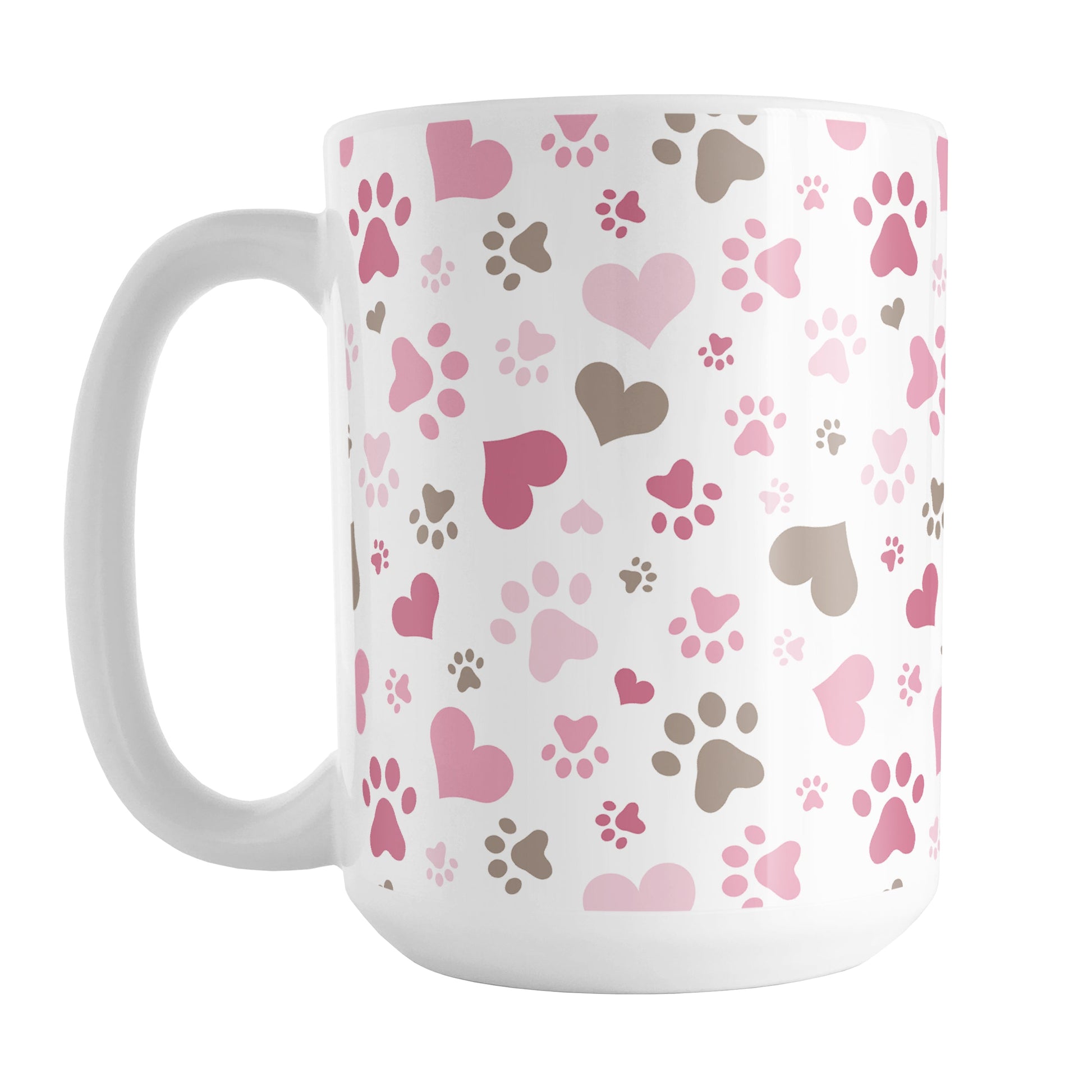 Pink Hearts and Paw Prints Mug (15oz) at Amy's Coffee Mugs. A ceramic coffee mug designed with a pattern of hearts and paw prints in brown and different shades of pink that wraps around the mug to the handle. This mug is perfect for people love dogs and cute paw print designs.