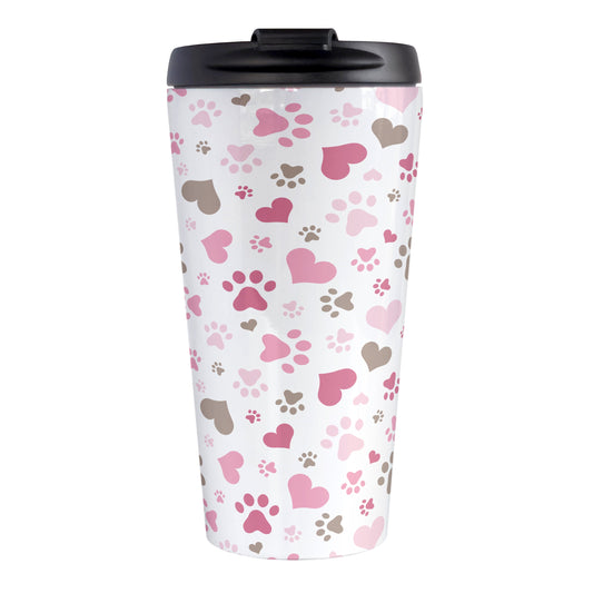 Pink and Hearts Paw Prints Travel Mug (15oz) at Amy's Coffee Mugs. A stainless steel travel mug designed with a pattern of hearts and paw prints in brown and different shades of pink that wraps around the mug. This travel mug is perfect for people love dogs and cute paw print designs.