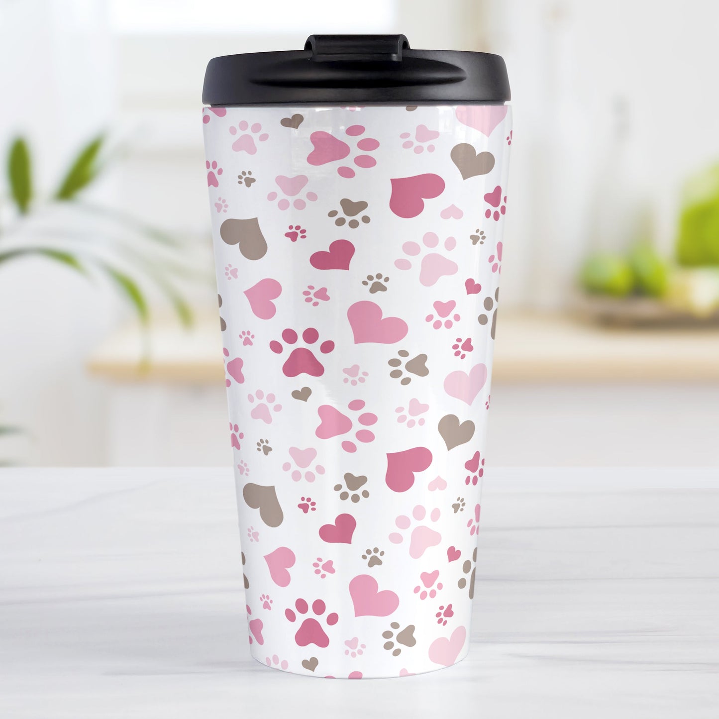 Pink and Hearts Paw Prints Travel Mug (15oz) at Amy's Coffee Mugs. A stainless steel travel mug designed with a pattern of hearts and paw prints in brown and different shades of pink that wraps around the mug. This travel mug is perfect for people love dogs and cute paw print designs.