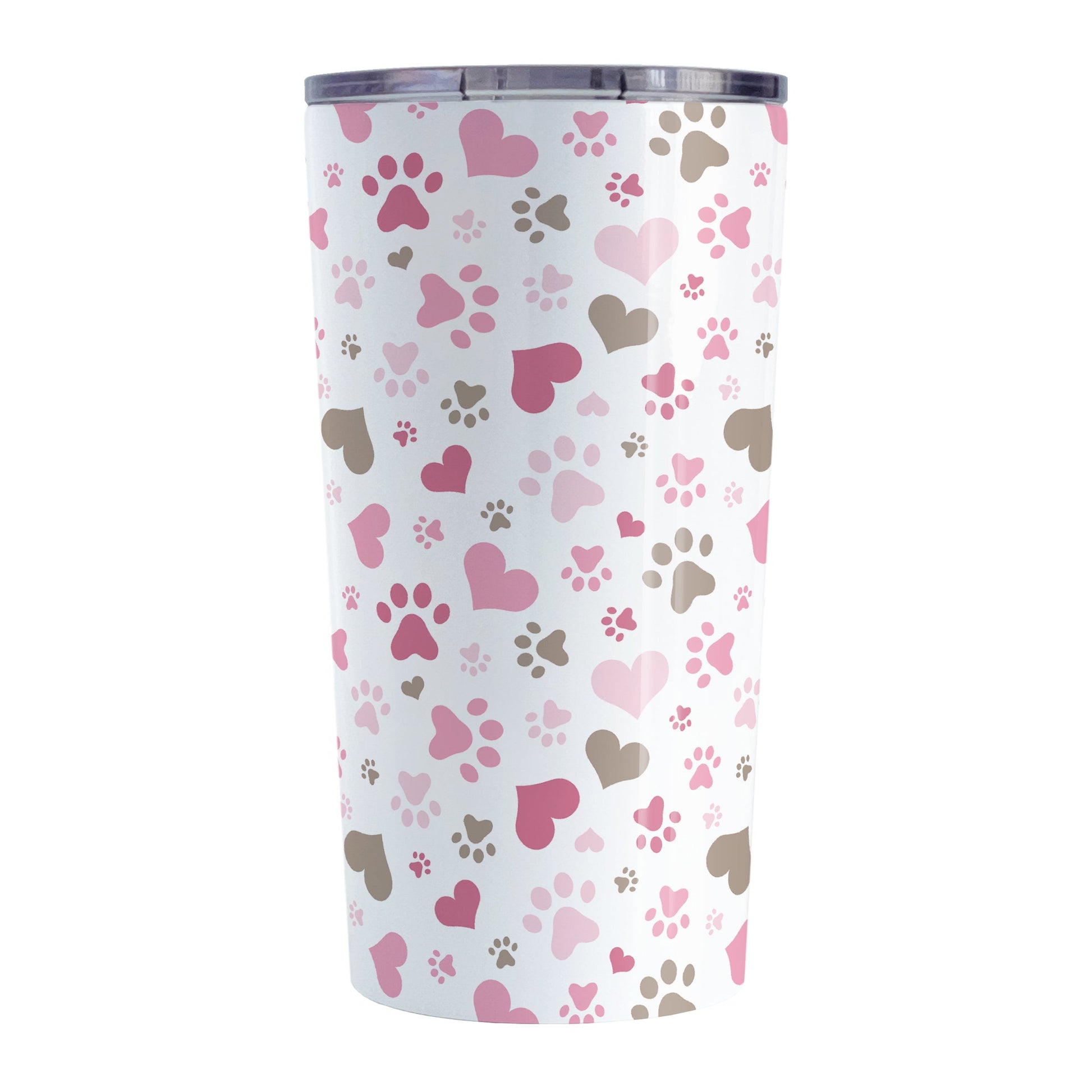 Pink Hearts and Paw Prints Tumbler Cup (20oz) at Amy's Coffee Mugs. A stainless steel insulated tumbler cup designed with a pattern of hearts and paw prints in brown and different shades of pink that wraps around the cup. This tumbler cup is perfect for people love dogs and cute paw print designs.