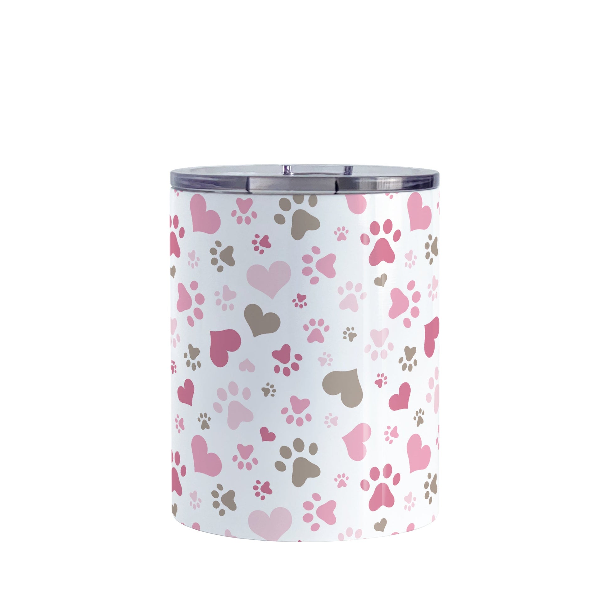 Pink Hearts and Paw Prints Tumbler Cup (10oz) at Amy's Coffee Mugs. A stainless steel insulated tumbler cup designed with a pattern of hearts and paw prints in brown and different shades of pink that wraps around the cup. This tumbler cup is perfect for people love dogs and cute paw print designs.