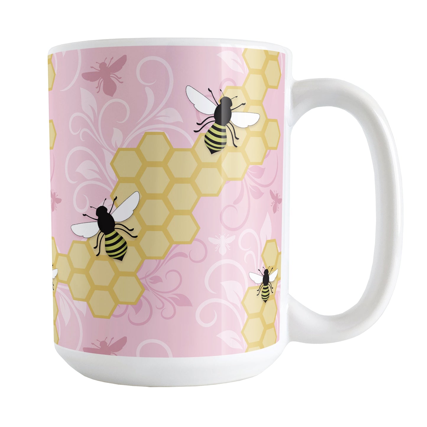 Pink Honeycomb Bee Mug (15oz) at Amy's Coffee Mugs. A ceramic coffee mug designed with a pattern of black and yellow bees on honeycomb lines over a pink flourish background that wraps around the mug to the handle.