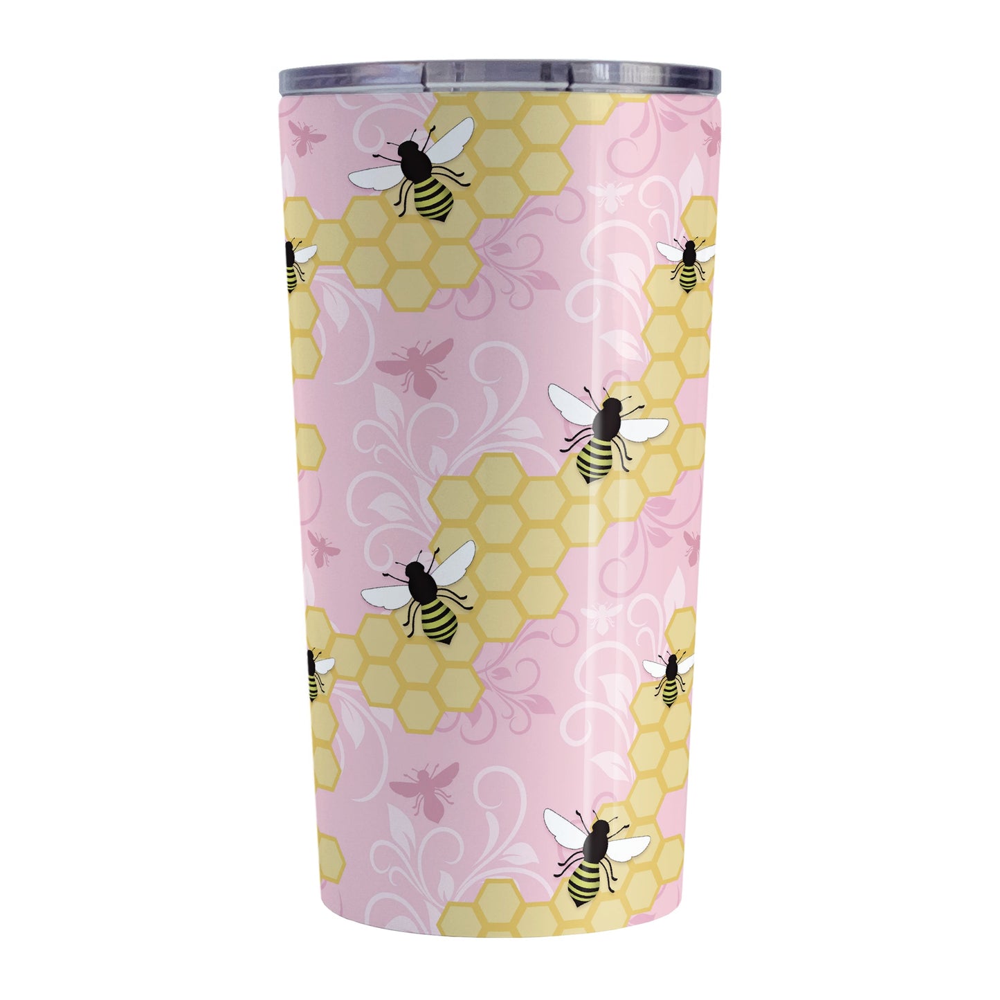 Pink Honeycomb Bee Tumbler Cup (20oz, stainless steel insulated) at Amy's Coffee Mugs. A tumbler cup designed with a pattern of black and yellow bees on honeycomb lines over a pink flourish background that wraps around the cup.