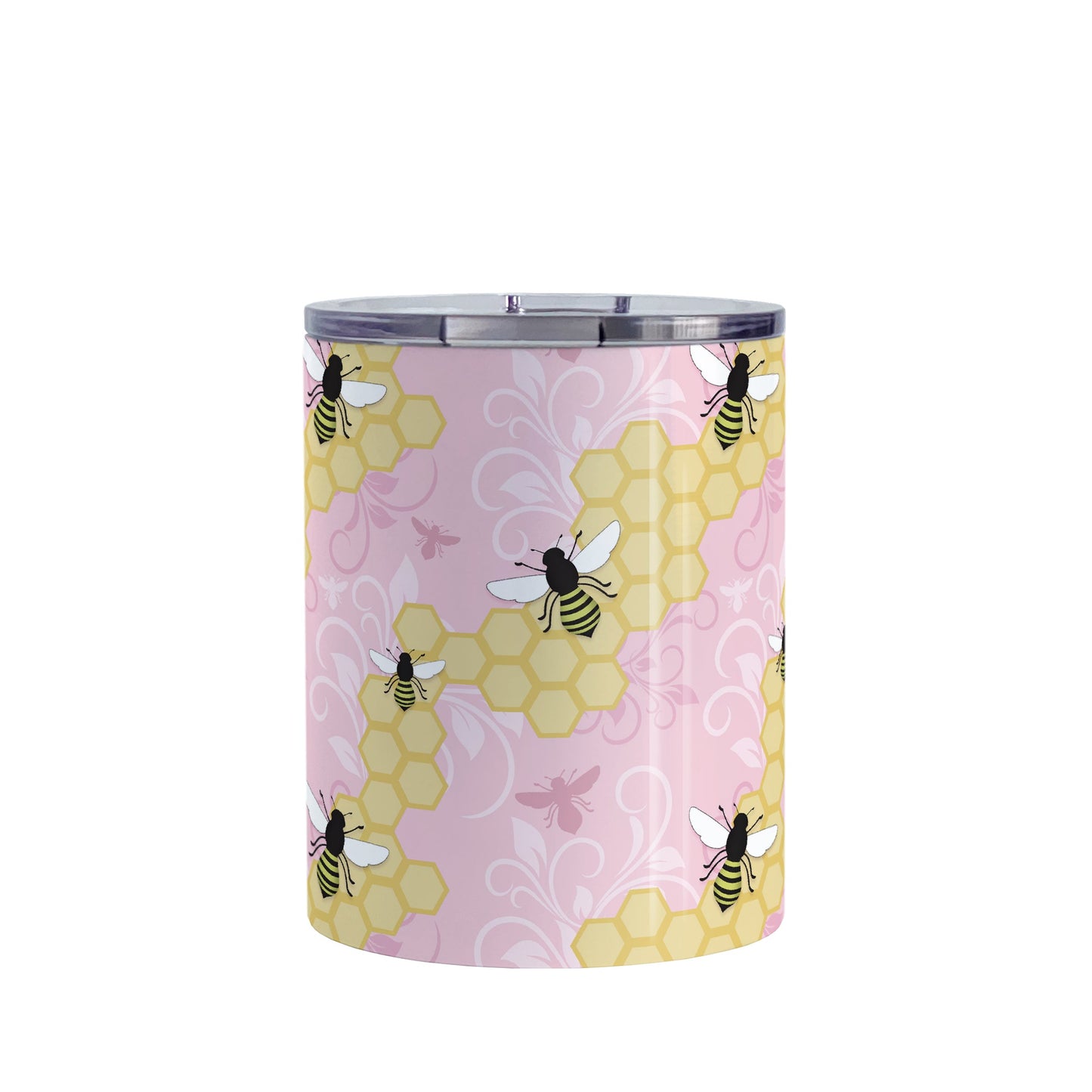 Pink Honeycomb Bee Tumbler Cup (10oz, stainless steel insulated) at Amy's Coffee Mugs. A tumbler cup designed with a pattern of black and yellow bees on honeycomb lines over a pink flourish background that wraps around the cup.