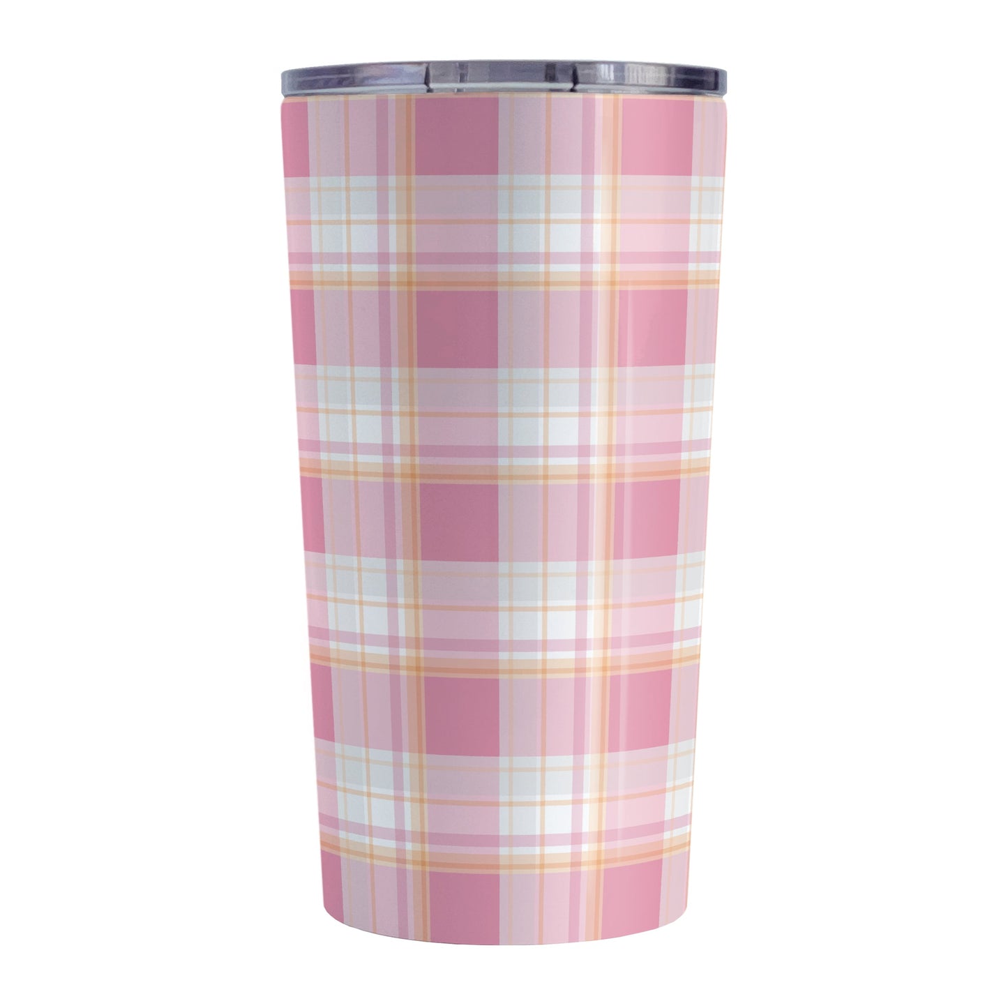 Pink Orange Plaid Tumbler Cup (20oz) at Amy's Coffee Mugs. A stainless steel insulated tumbler cup designed with a pink plaid pattern with orange accents that wraps around the cup. A preppy and stylish cup for people who love pink and orange colors together.
