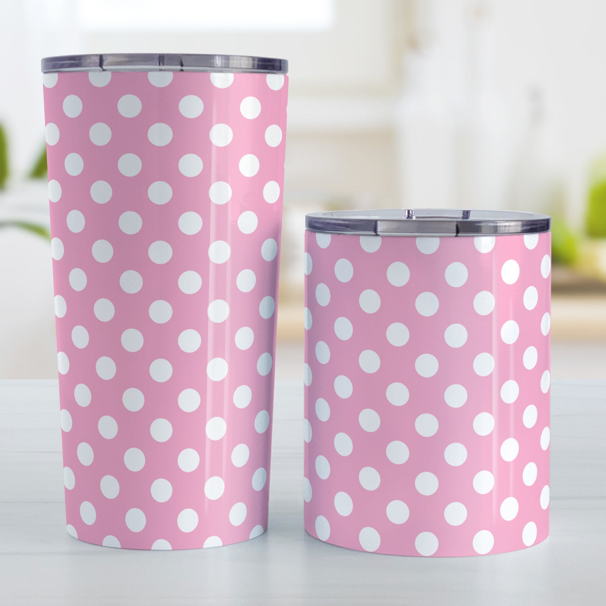 Pink Polka Dot Tumbler Cup (20oz and 10oz, stainless steel insulated) at Amy's Coffee Mugs