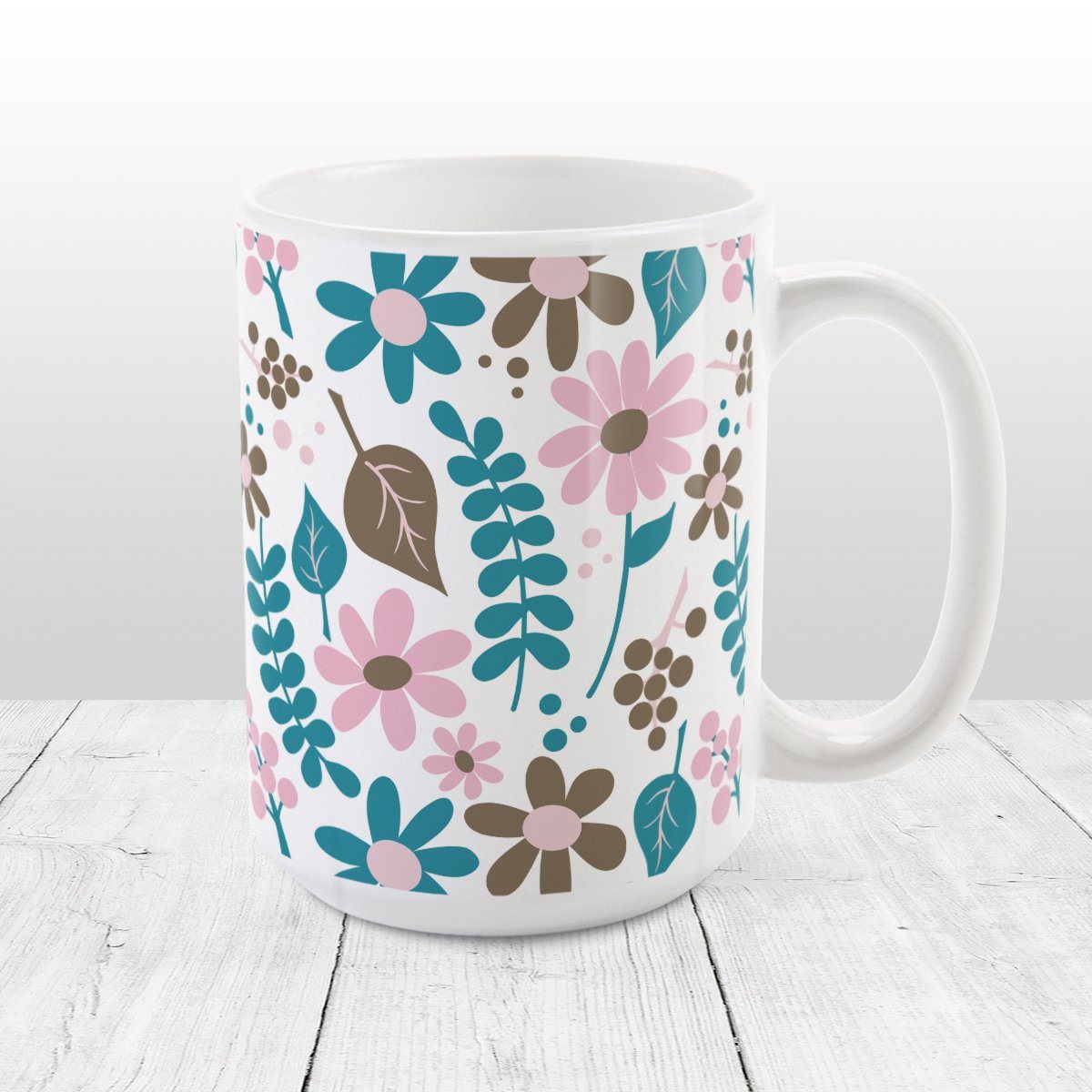 Pink Turquoise Brown Floral Pattern Mug (15oz) at Amy's Coffee Mugs