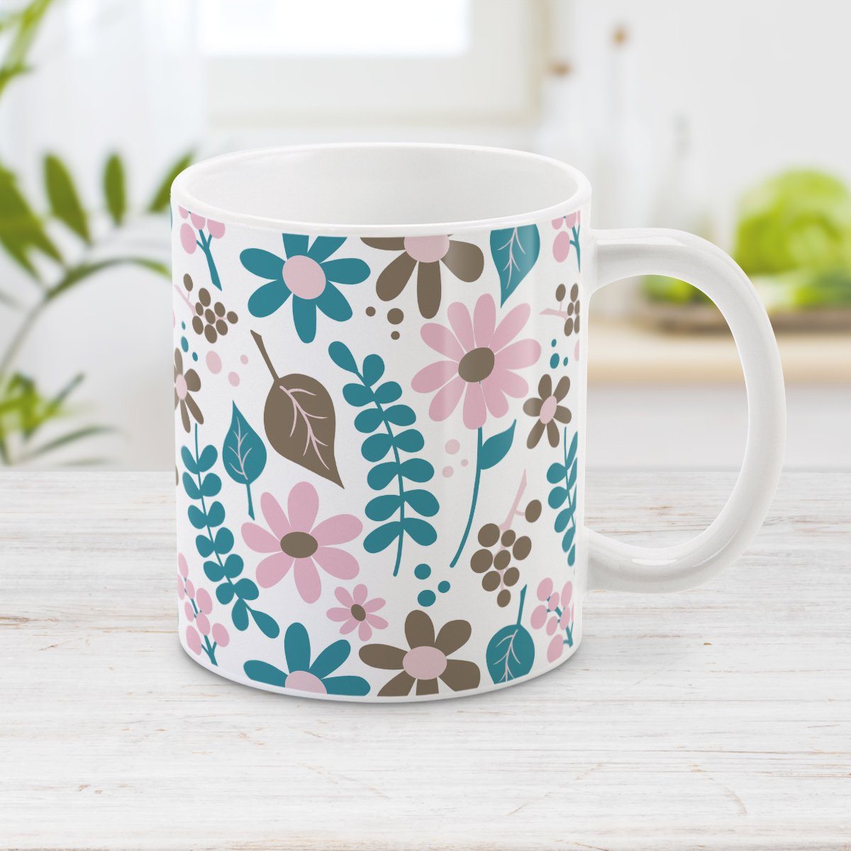 Pink Turquoise Brown Floral Pattern Mug (11oz) at Amy's Coffee Mugs