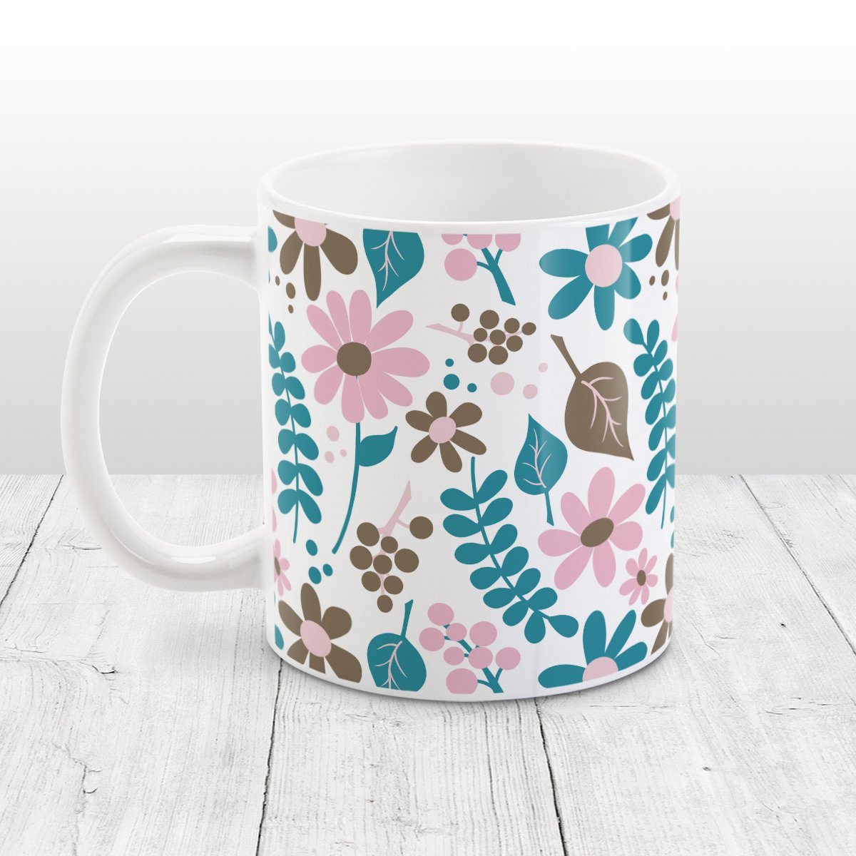 Pink Turquoise Brown Floral Pattern Mug (11oz) at Amy's Coffee Mugs