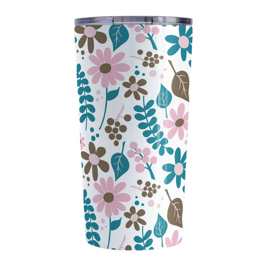 Pink Turquoise Brown Floral Pattern Tumbler Cup (20oz, stainless steel insulated) at Amy's Coffee Mugs