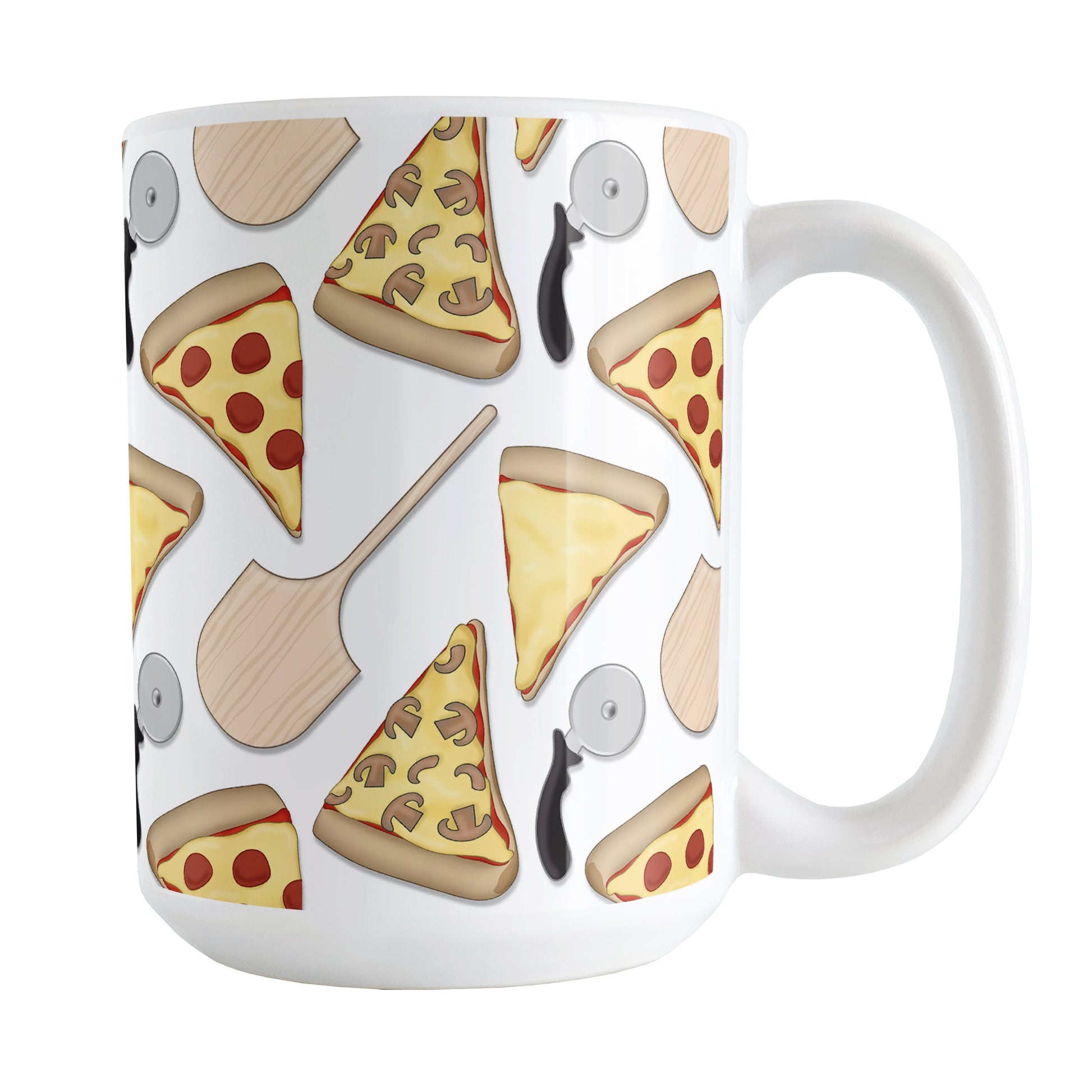 Pizzeria Pizza Pattern Mug (15oz) at Amy's Coffee Mugs. A ceramic coffee mug designed with a pizza slice pattern with pizza cutters and wooden peel pizza shovels as well over a white background that wraps around the mug up to the handle.