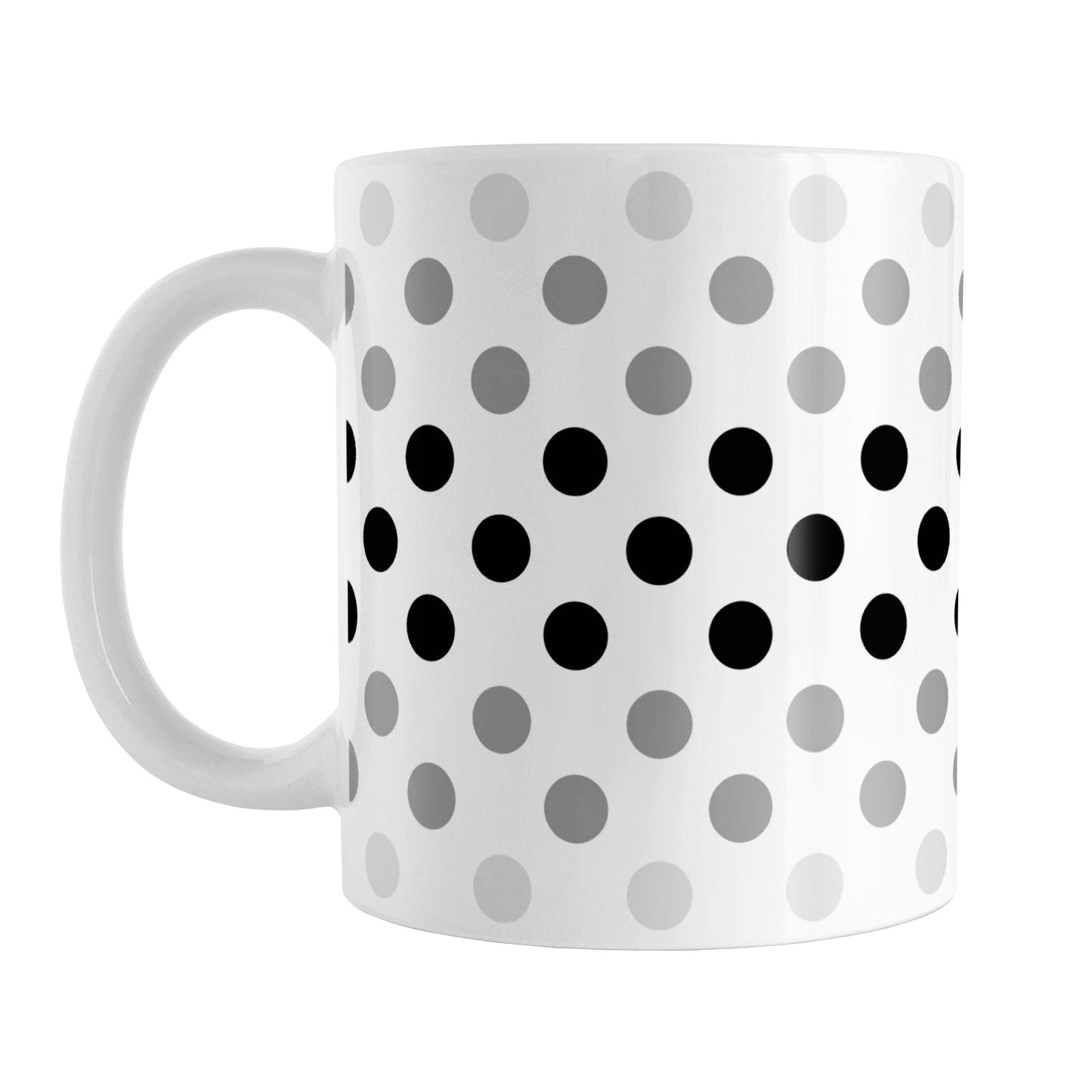 Polka Dots in Black Gray Mug (11oz) at Amy's Coffee Mugs. A ceramic coffee mug designed with polka dots in different shades of black and gray, with the black across the middle and the lighter shades of gray along the top and bottom, in a pattern that wraps around the mug to the handle. 