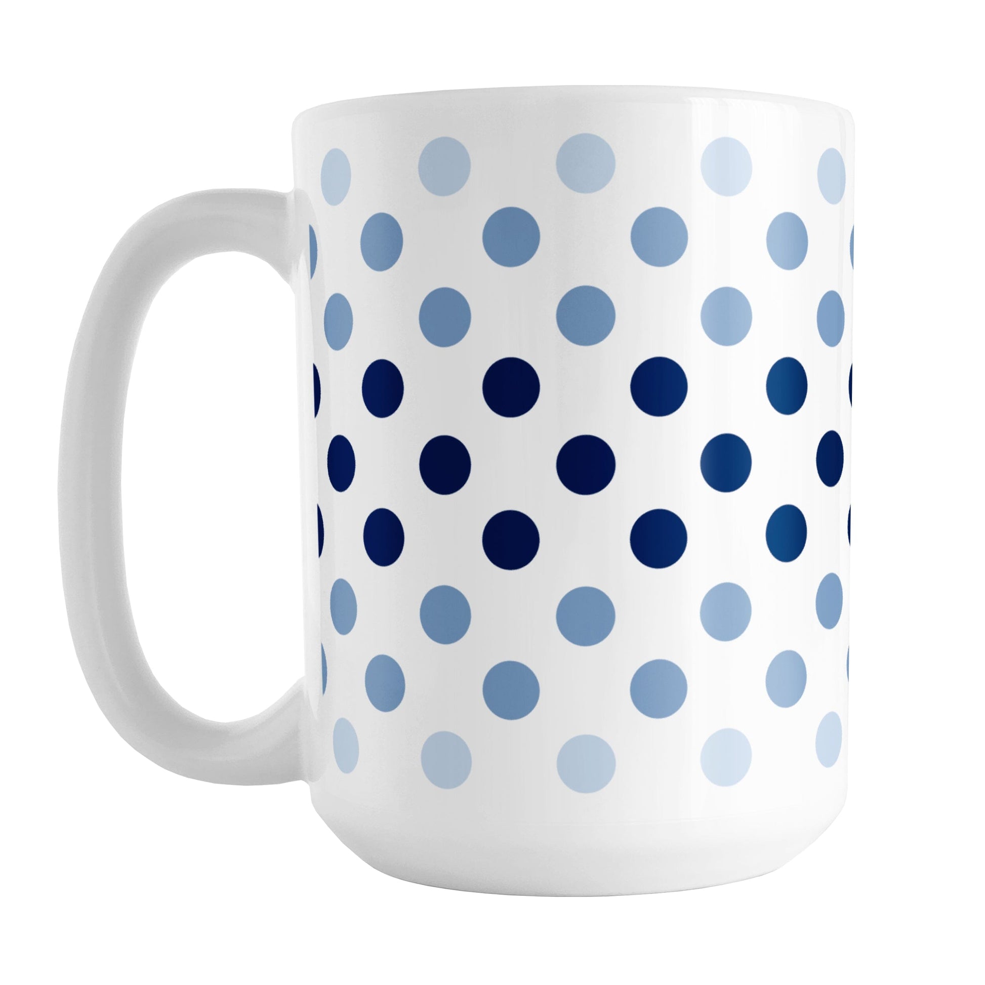 Polka Dots in Blue Mug (15oz) at Amy's Coffee Mugs. A ceramic coffee mug designed with polka dots in different shades of blue, with the darker blue color across the middle and the lighter blue along the top and bottom, in a pattern that wraps around the mug to the handle. 