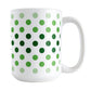Polka Dots in Green Mug (15oz) at Amy's Coffee Mugs. A ceramic coffee mug designed with polka dots in different shades of green, with the darker green color across the middle and the lighter green along the top and bottom, in a pattern that wraps around the mug to the handle. 